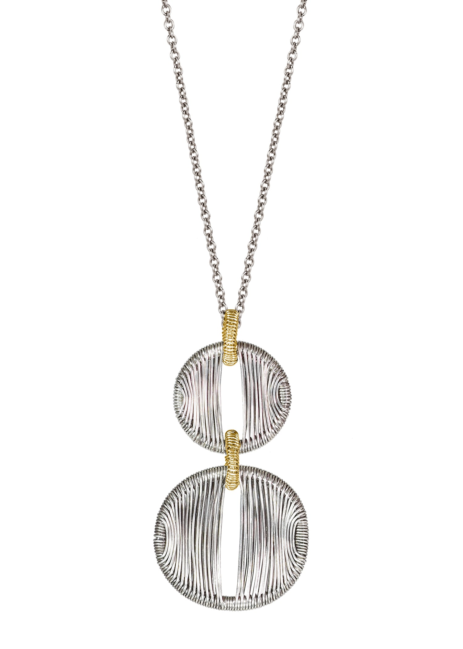 Necklace with 14k gold fill and sterling silver hand wire-wrapped circular pendants on a 17-inch chain.