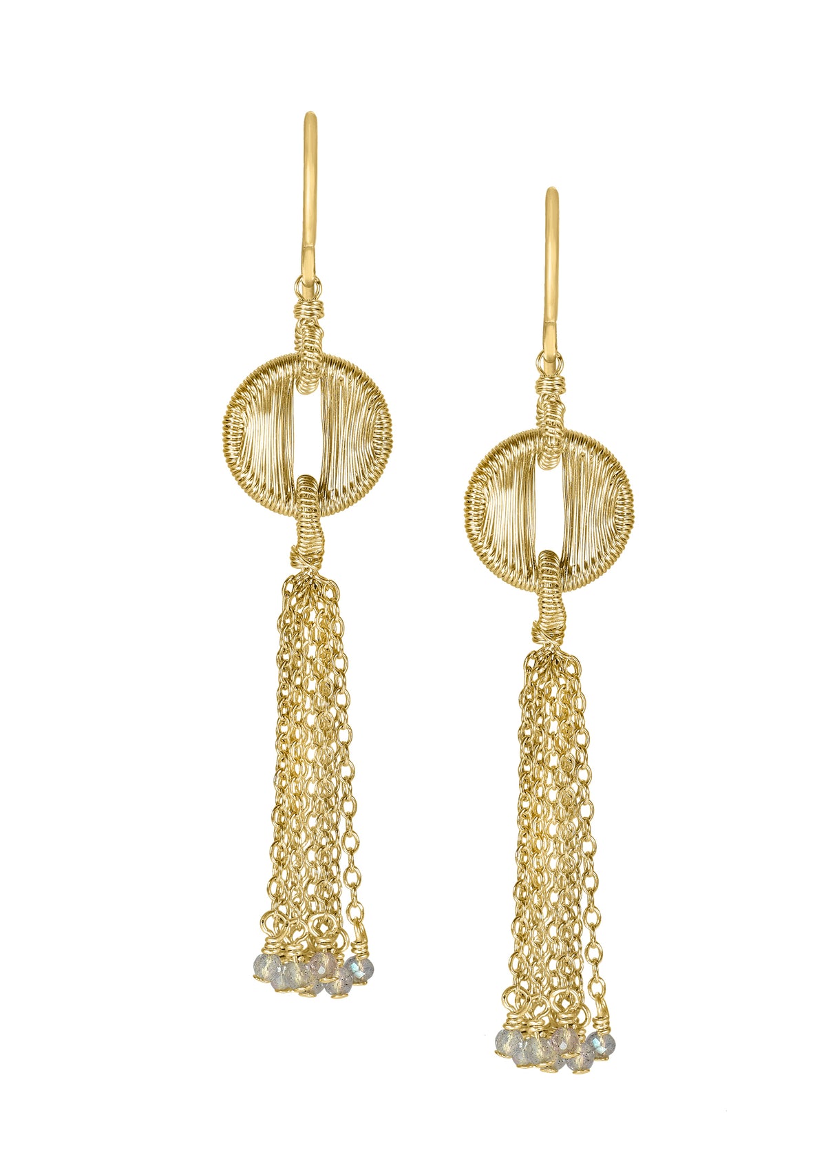 Labradorite tassel earrings in 14k gold fill with hand wire-wrapped circular tops and delicate hanging chains.