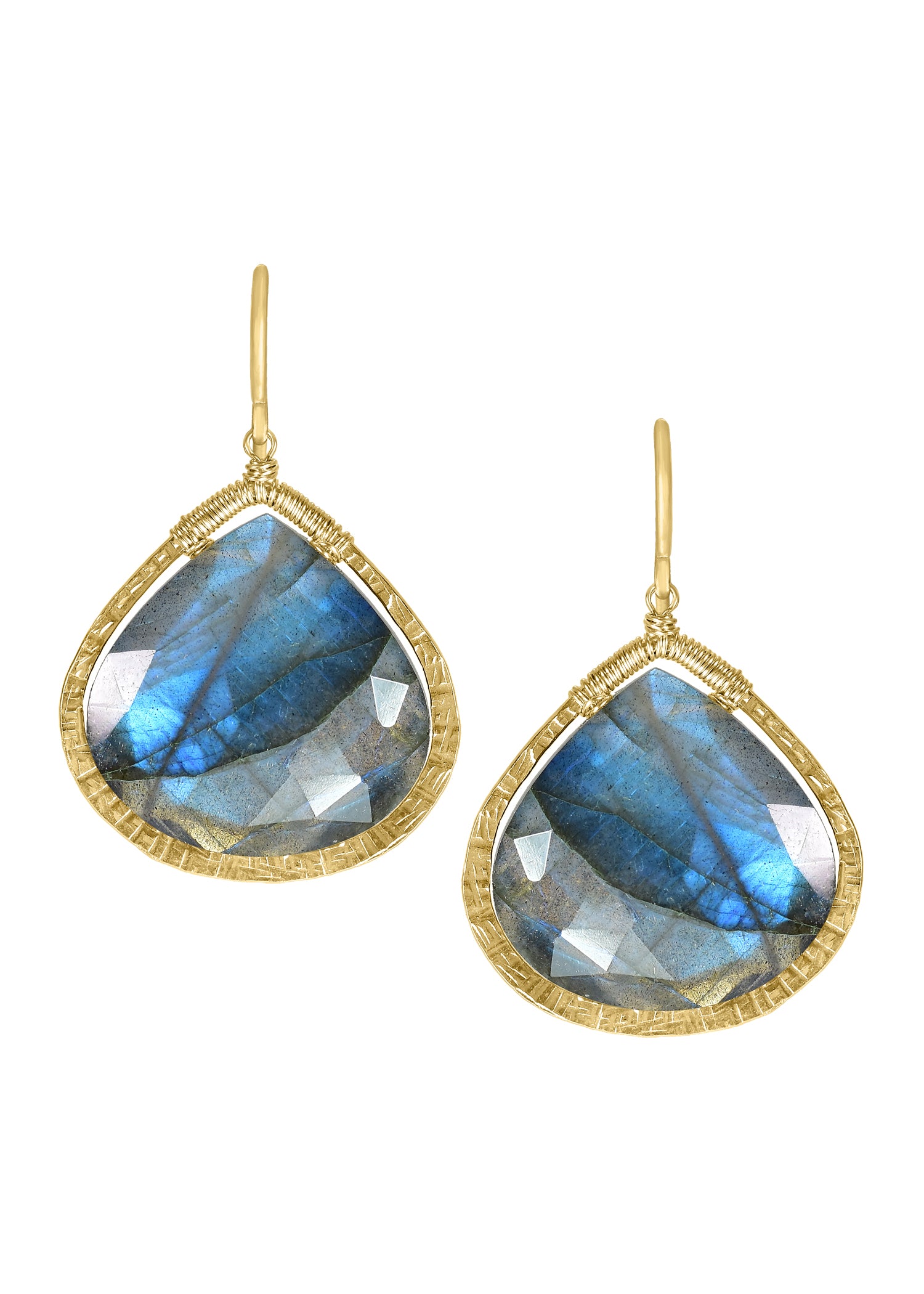 Labradorite briolette earrings in 14k gold fill with hand wire-wrapped, hammered, and textured teardrop frames.