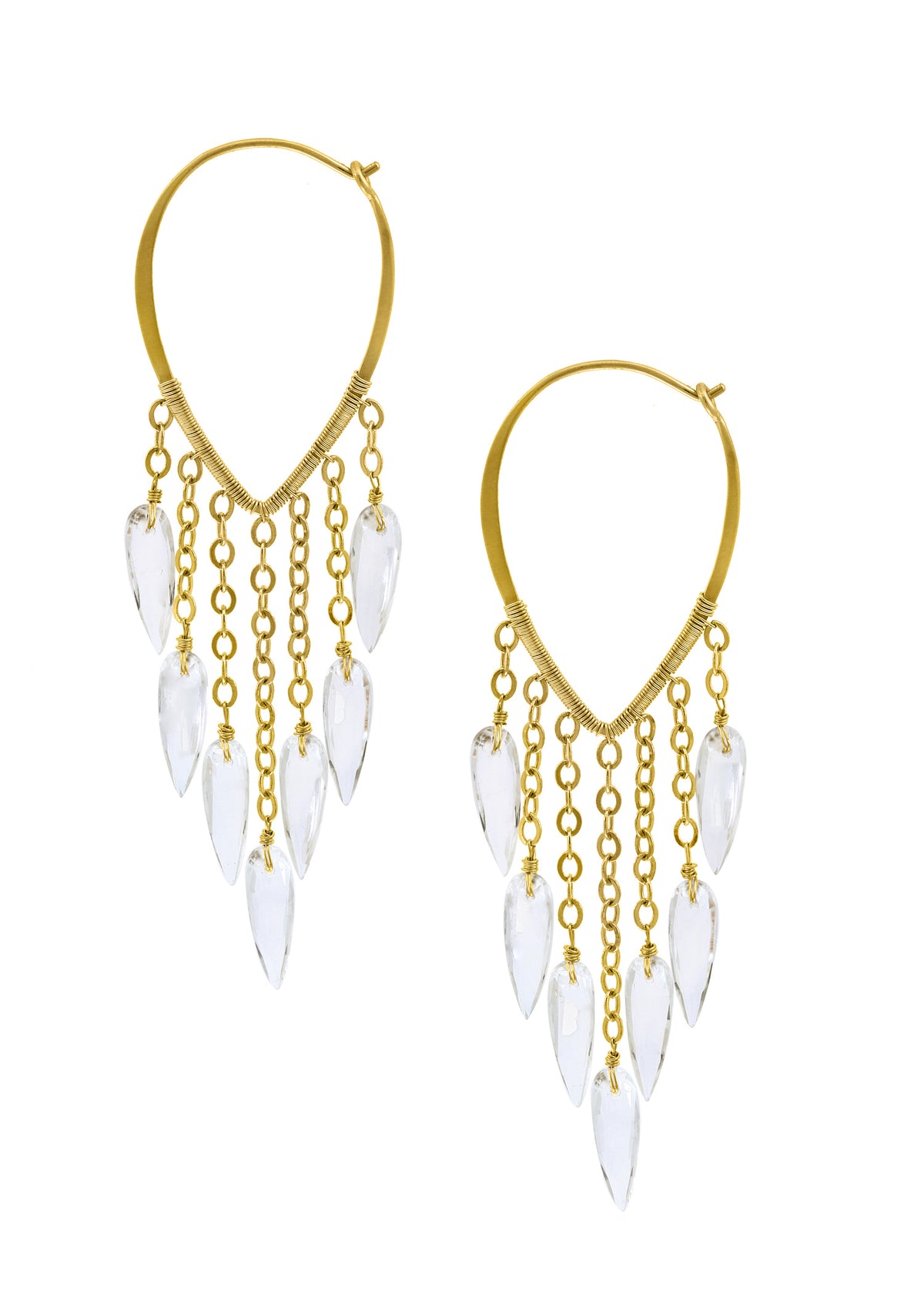 White topaz earrings in 14k gold featuring hand wire-wrapped pointed hoops with cascading spear-shaped stone dangles.