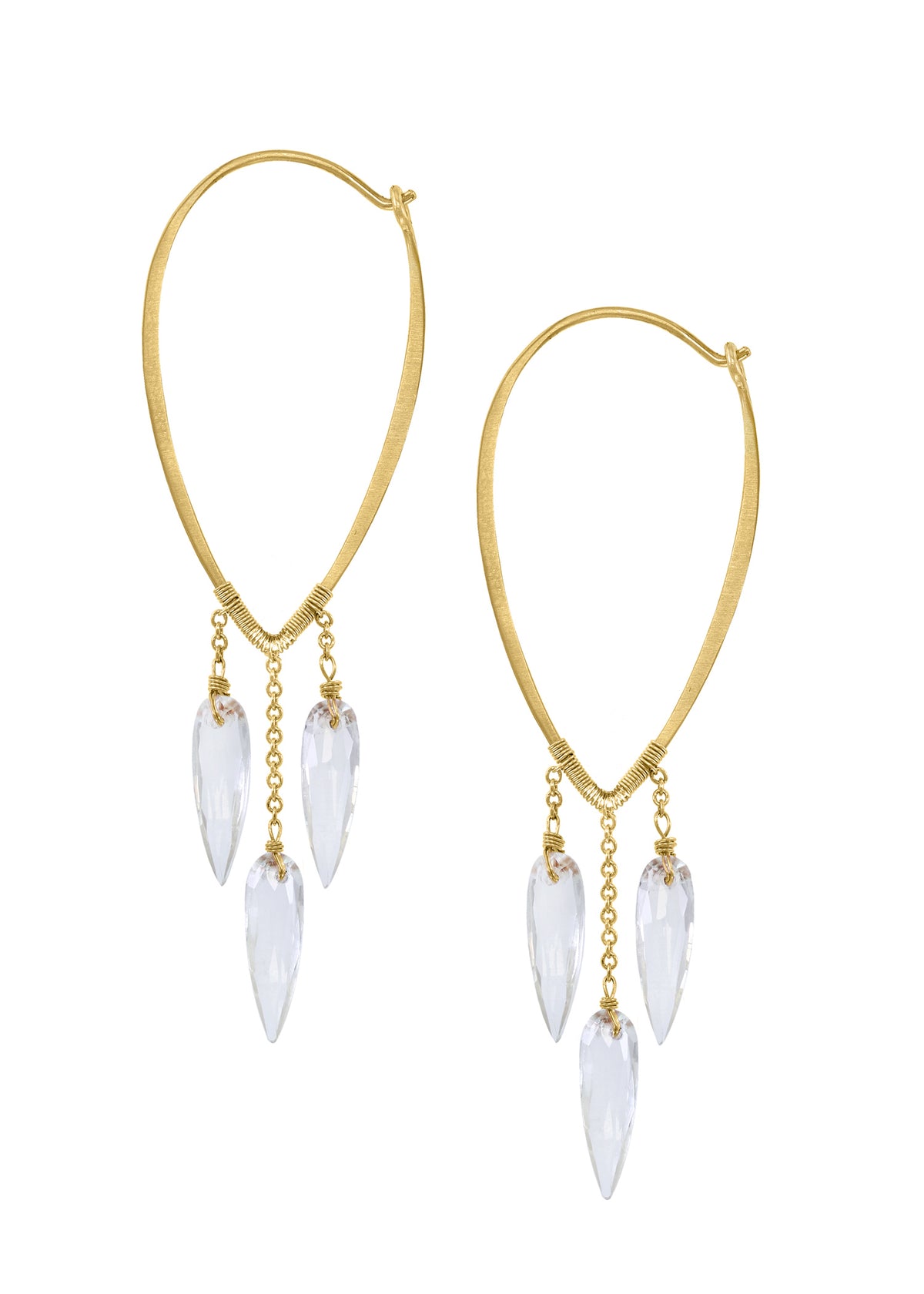 White topaz hoop earrings in 14k gold with hand wire-wrapped spear-shaped drops suspended from delicate gold chains.