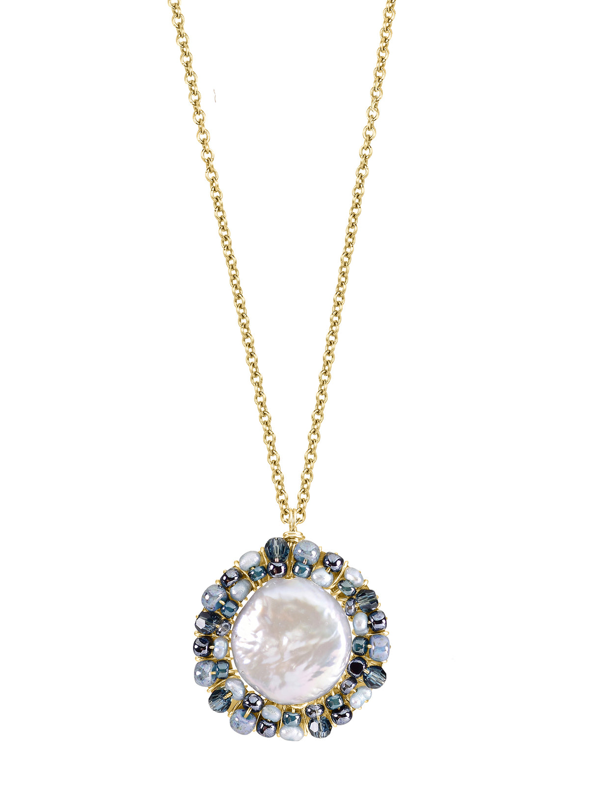 Freshwater pearl necklace with 14k gold fill, featuring a coin-shaped pearl framed by indigo crystal and seed beads.