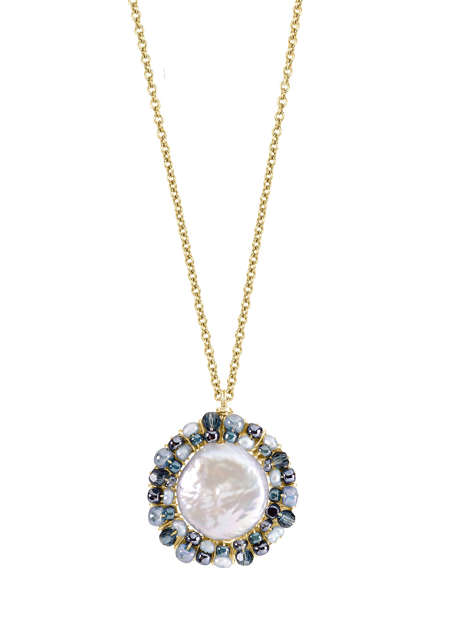 Freshwater pearl necklace with 14k gold fill, featuring a coin-shaped pearl framed by indigo crystal and seed beads.