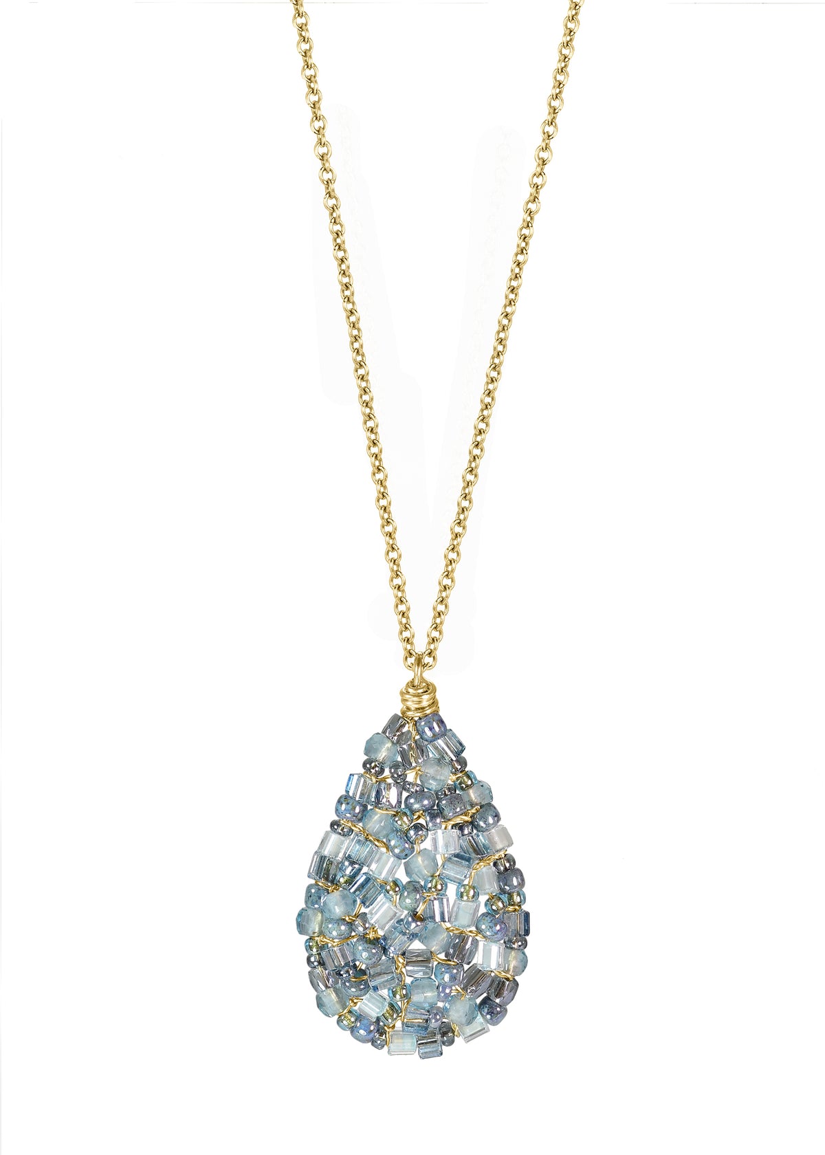 Mosaic necklace with aqua quartz seed beads, 14k gold fill chain, and a hand wire-wrapped indigo teardrop pendant.