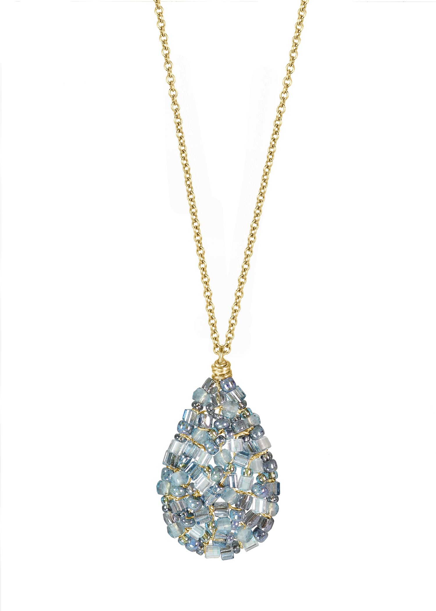 Mosaic necklace with aqua quartz seed beads, 14k gold fill chain, and a hand wire-wrapped indigo teardrop pendant.