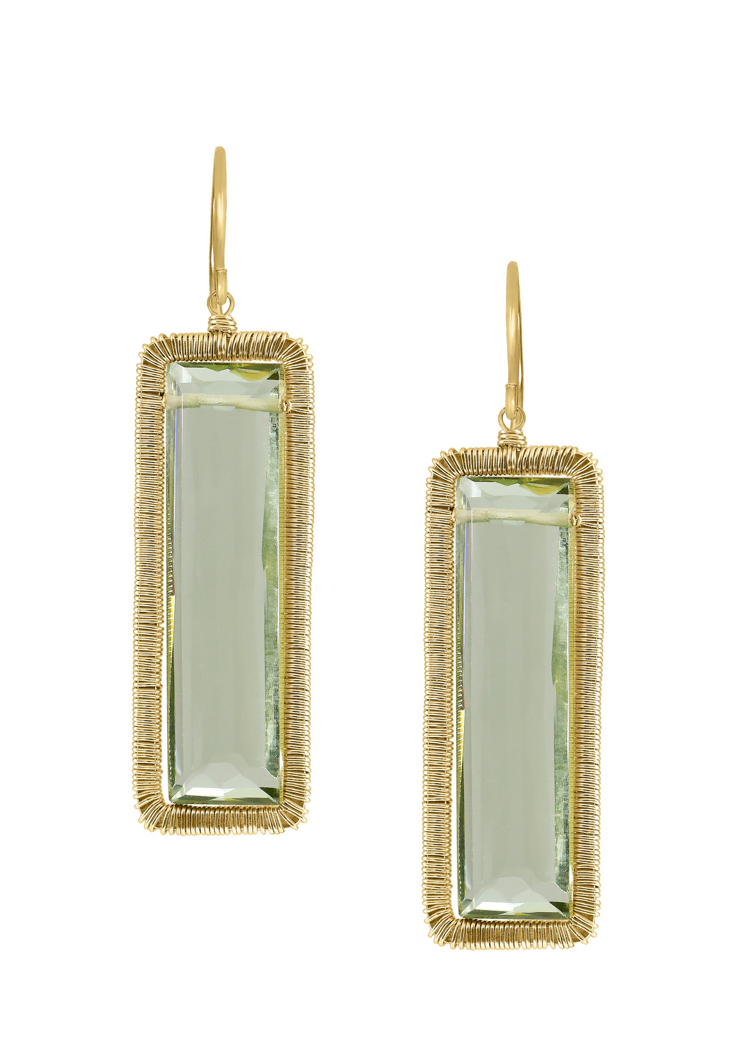 Green quartz earrings in 14k gold fill with a rectangular shape and hand wire-wrapped edges on ear wires.