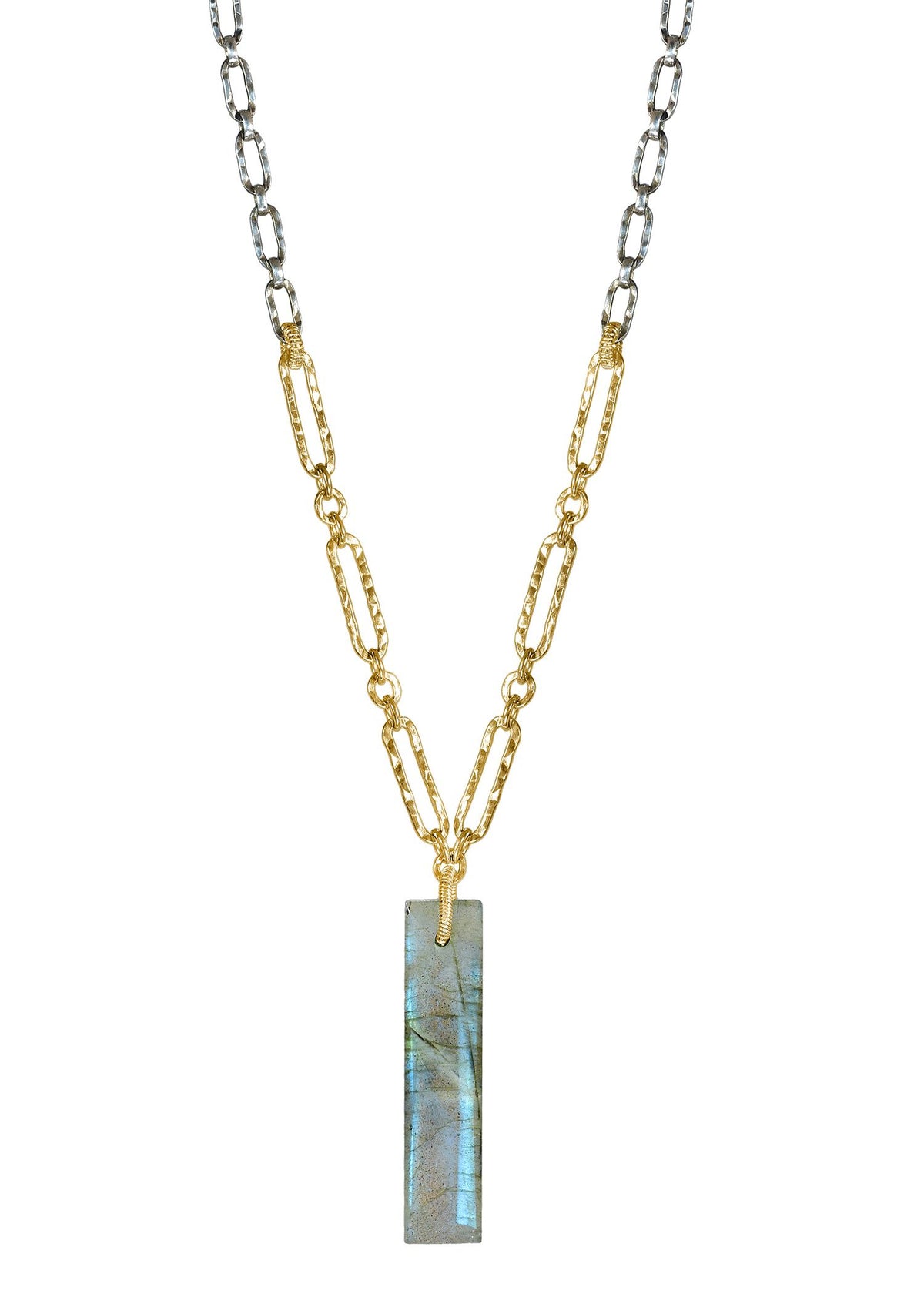 Labradorite ingot necklace with hand wire-wrapped 14k gold fill and sterling silver mixed metal chain.