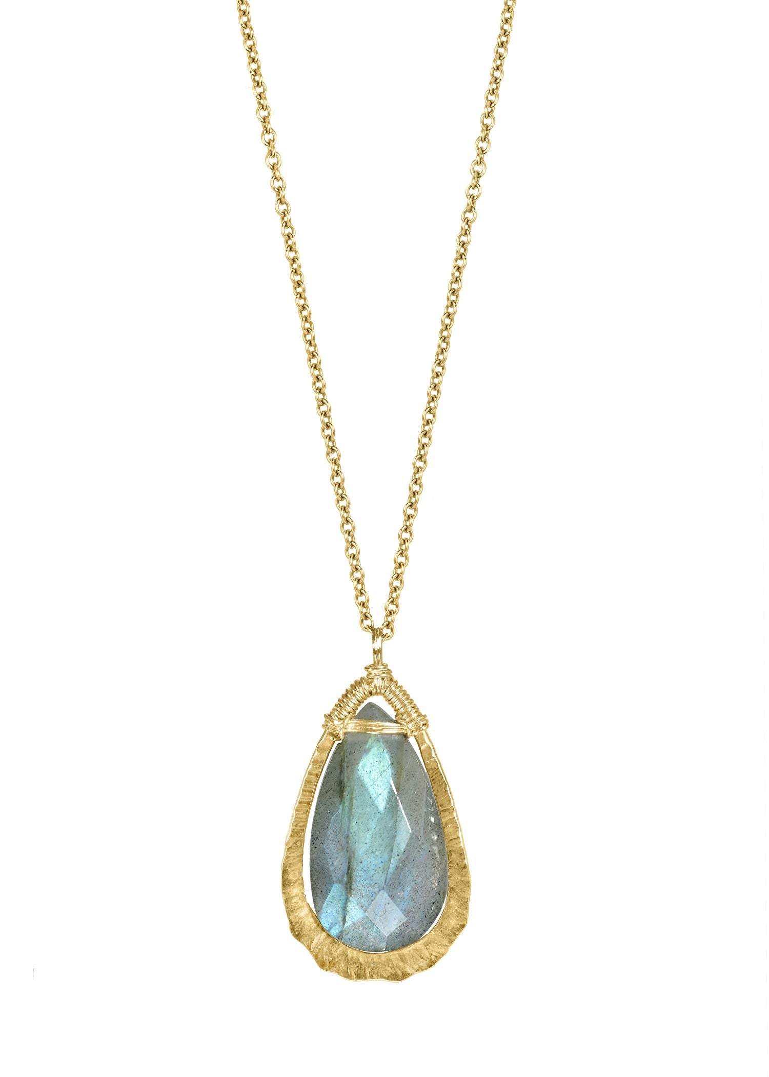 Labradorite necklace in a hand wire-wrapped 14k gold fill organic-shaped textured frame on an 18-inch chain.