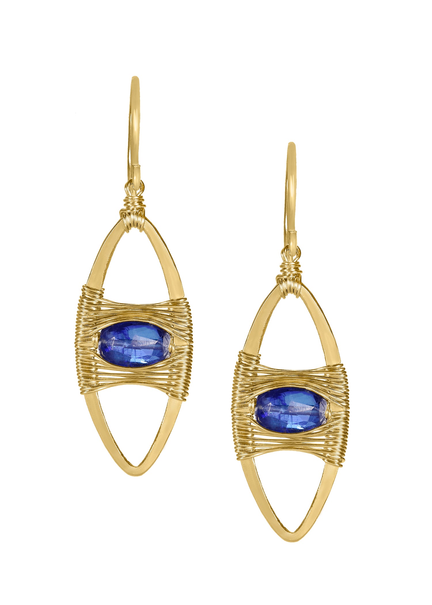 Kyanite earrings in 14k gold fill with hand wire-wrapped marquis-shaped frames and vibrant blue centers.