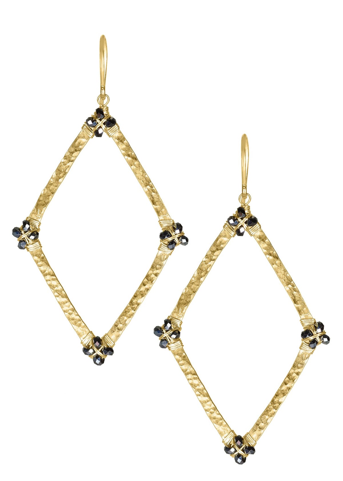 Black spinel earrings in 14k gold fill with hand-textured, diamond-shaped hoops and hand wire-wrapped stone accents.