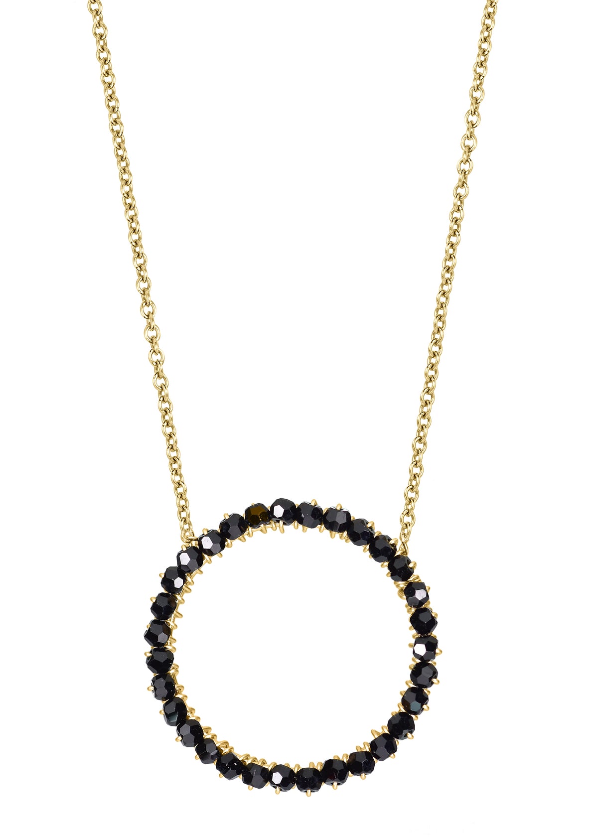 Crystal necklace with a hand wire-wrapped black circular pendant on a 14k gold fill chain.