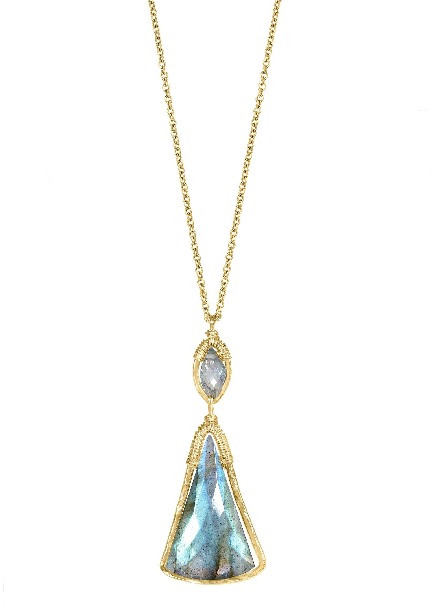 Labradorite Mystic topaz 14k gold fill Chain measures 17” in length Pendant measures 1-3/8” in length and 9/16” in width Handmade in our Los Angeles studio