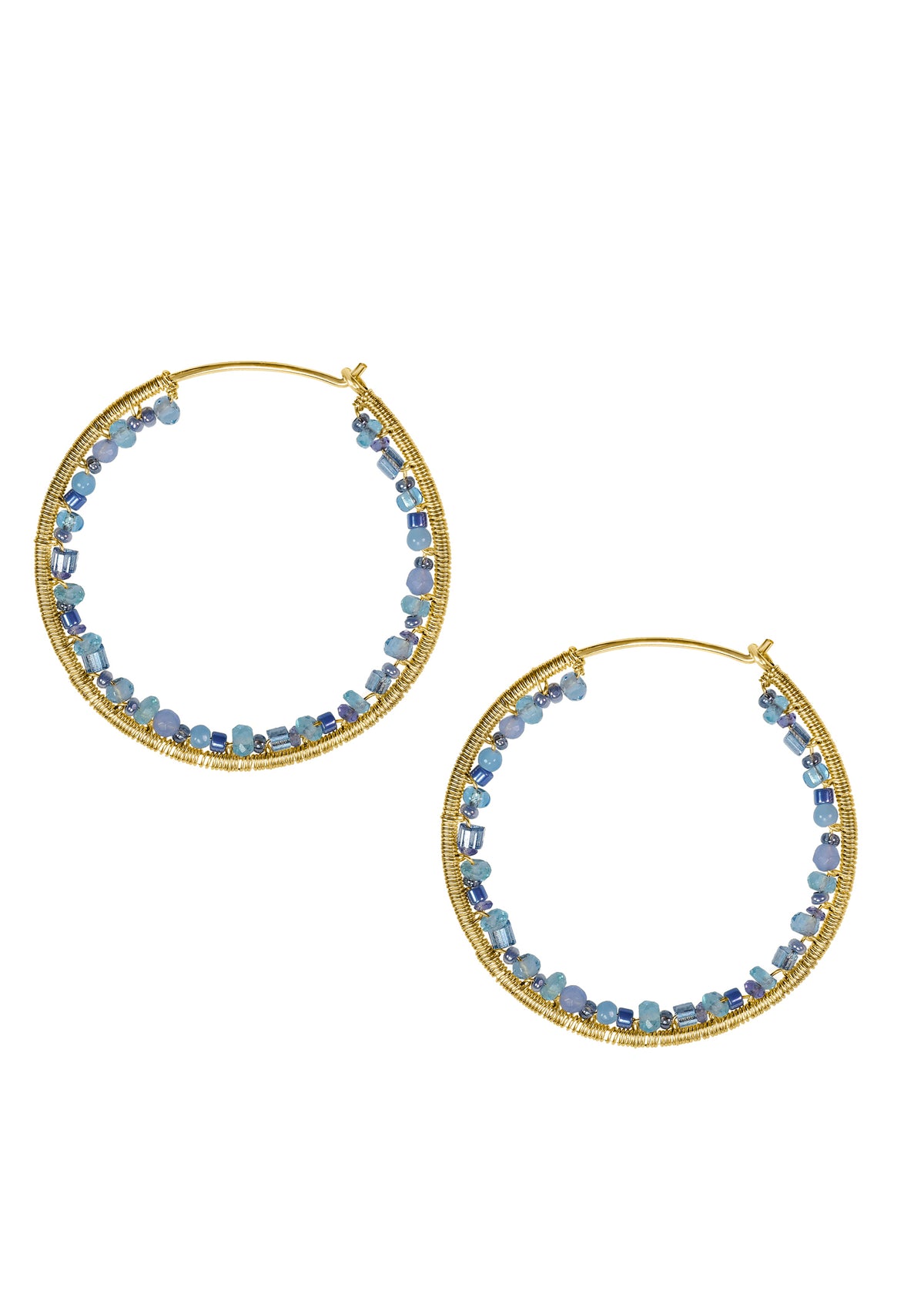 Keely hoop earrings with blue apatite, chalcedony, and iolite seed beads on hand wire-wrapped 14k gold fill hoops.