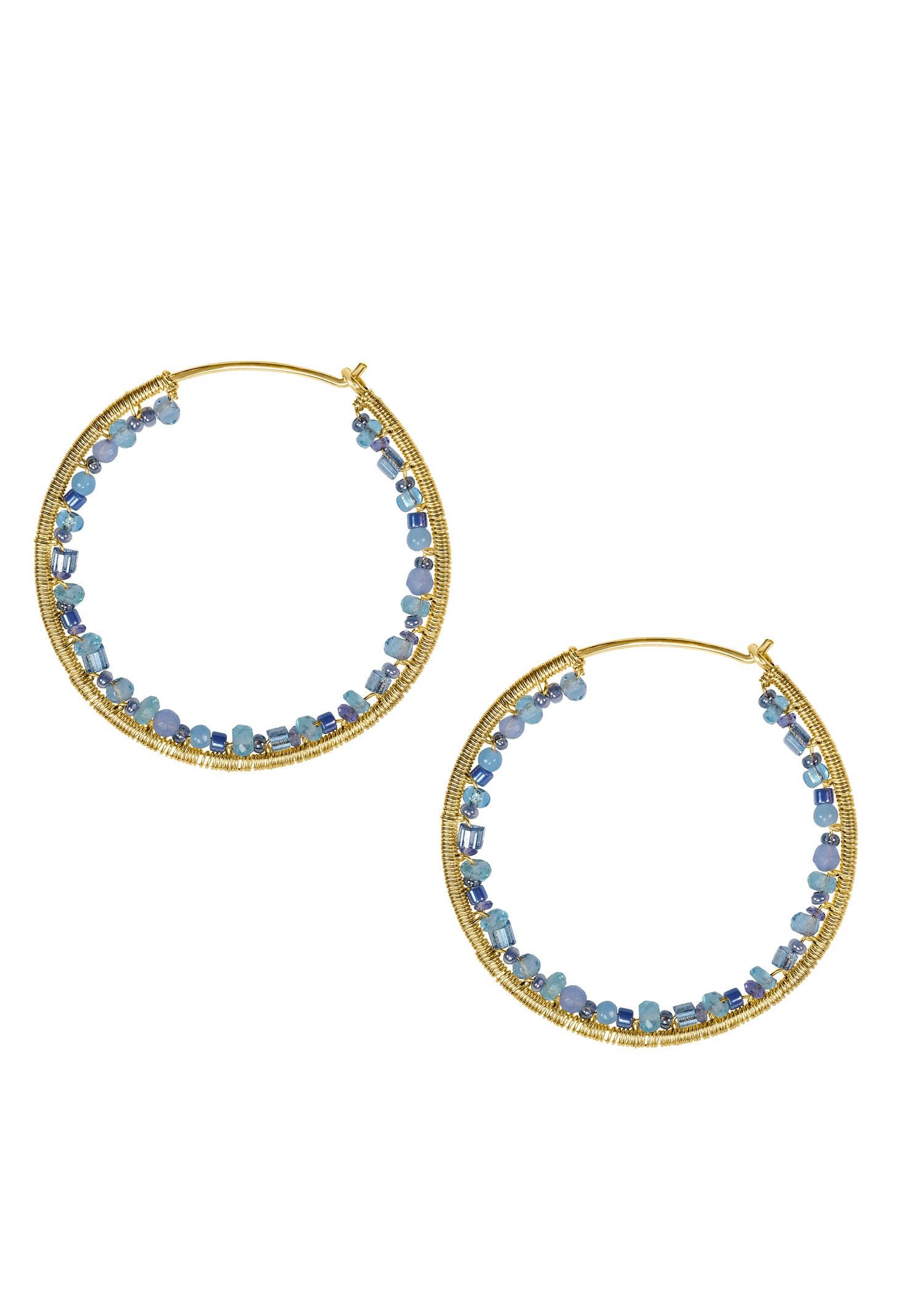 Keely hoop earrings with blue apatite, chalcedony, and iolite seed beads on hand wire-wrapped 14k gold fill hoops.