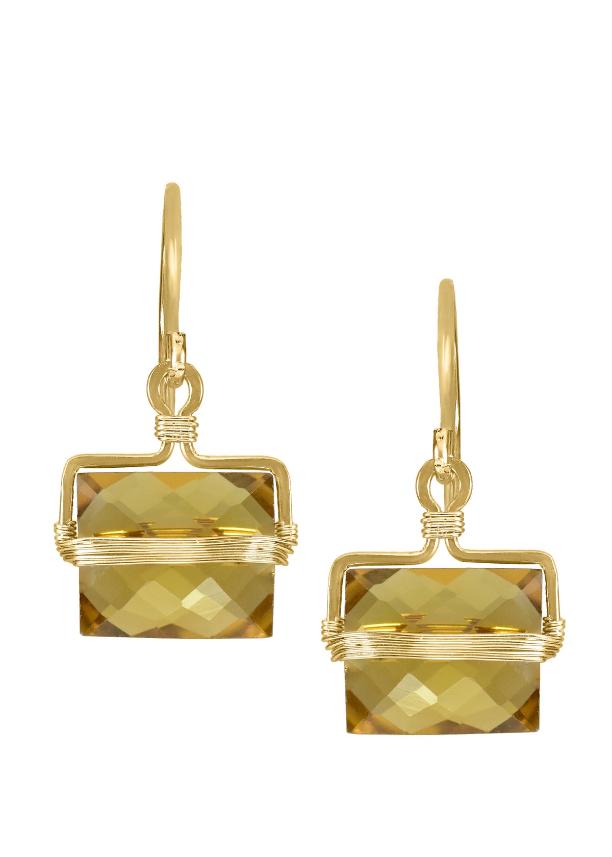 Whiskey quartz earrings in 14k gold fill with hand wire-wrapped rectangular faceted stones and graphic gold detailing.