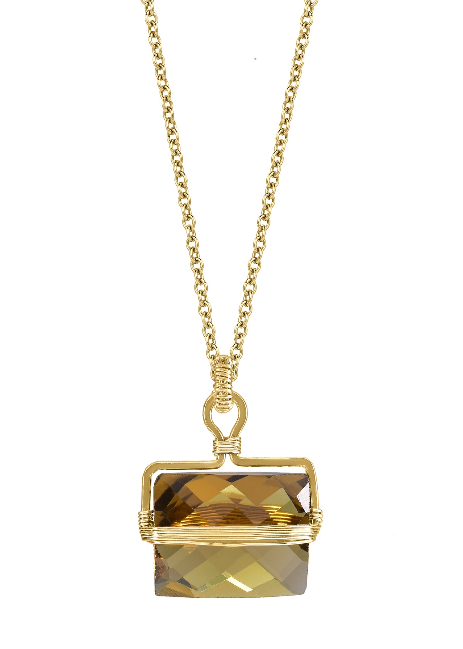Whiskey quartz necklace in 14k gold fill with a faceted rectangular stone and hand wire-wrapped graphic detailing.
