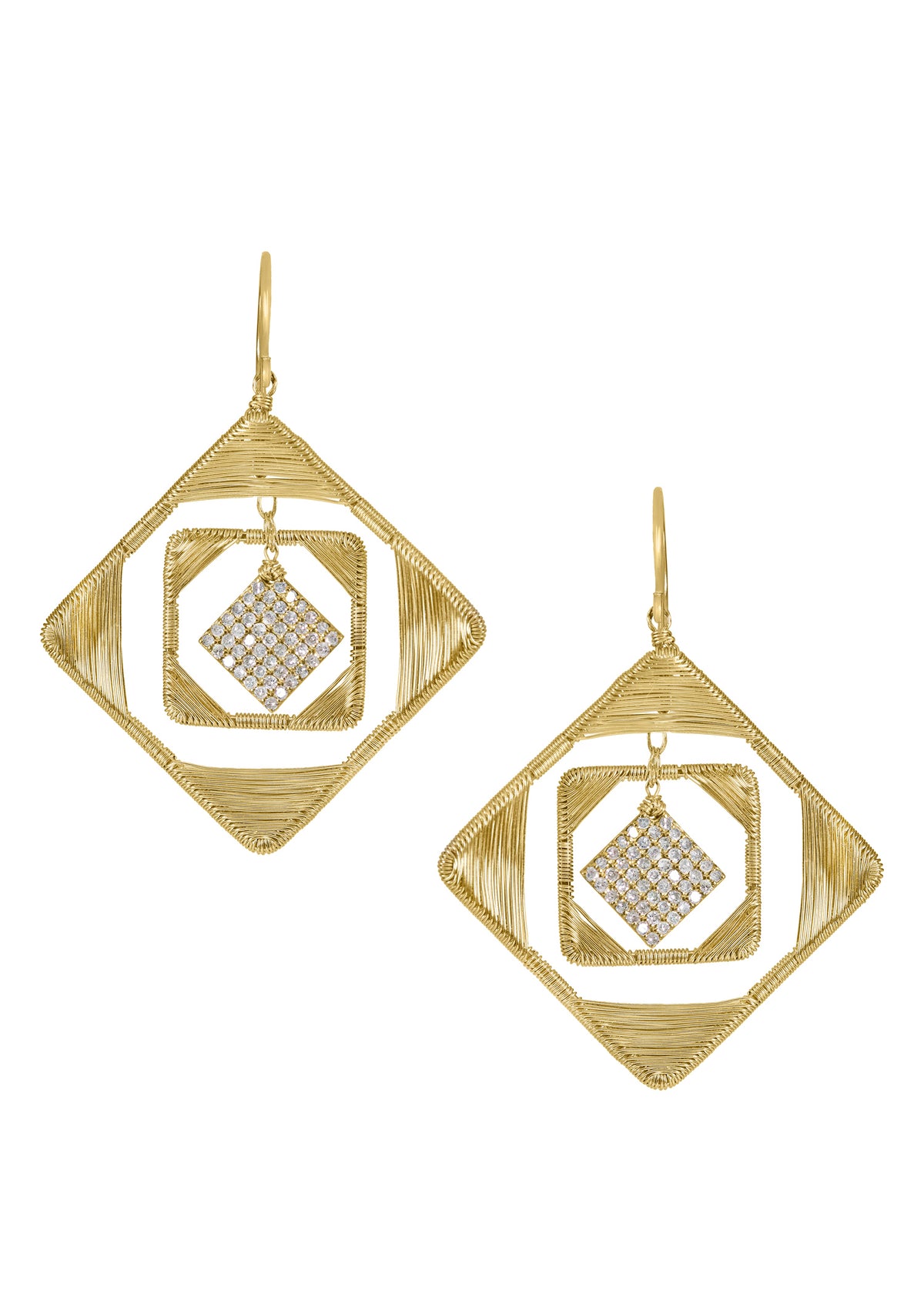 Diamond earrings in 14k gold, featuring hand wire-wrapped square frames with a central diamond-encrusted square motif.