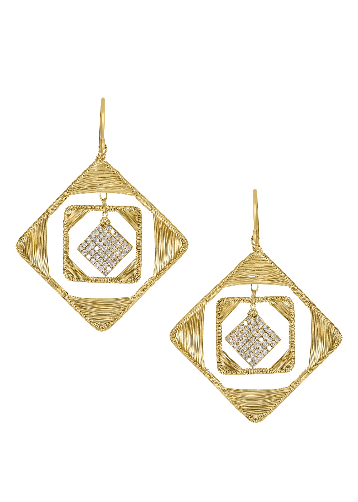 Diamond earrings in 14k gold, featuring hand wire-wrapped square frames with a central diamond-encrusted square motif.
