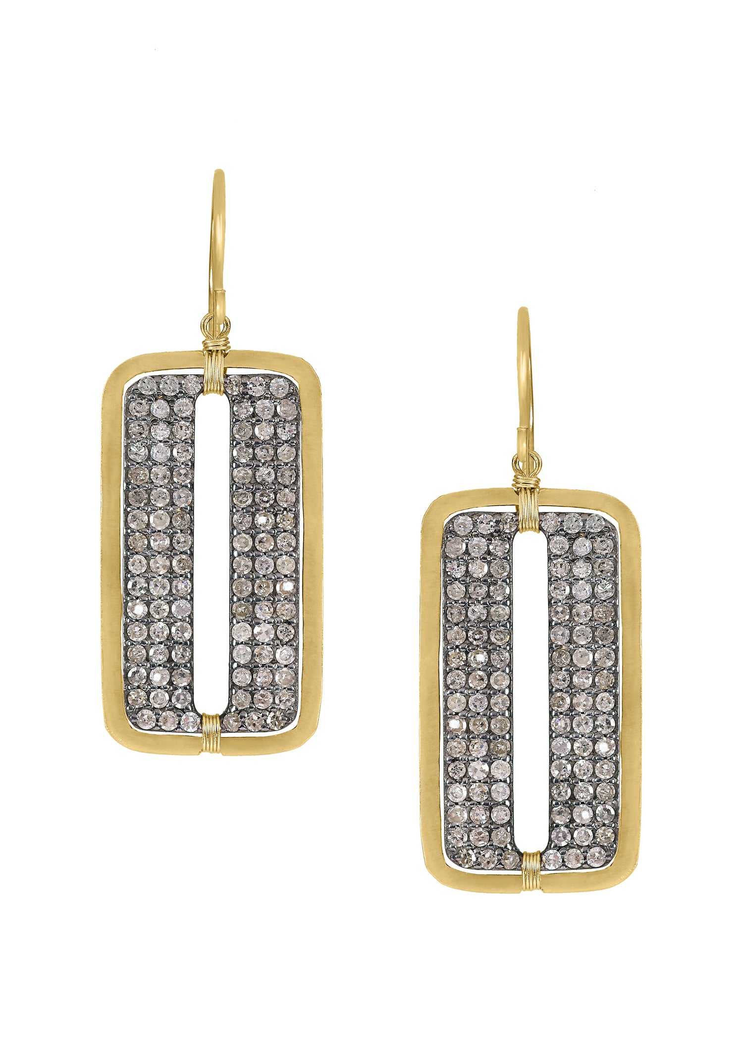 Diamond earrings in 14k gold and sterling silver, featuring rectangular hand wire-wrapped frames with pave diamond centers.