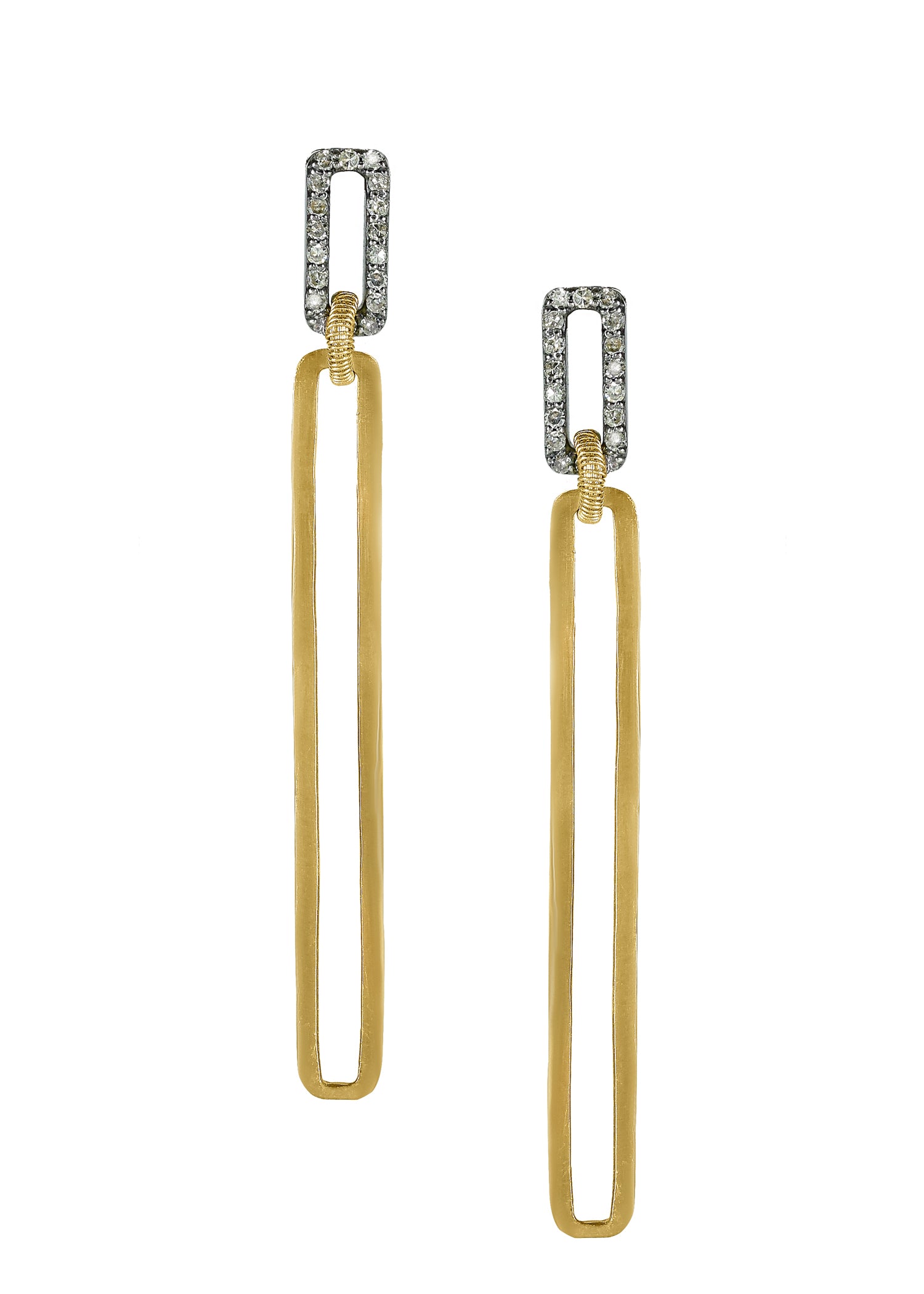 Diamond pave post earrings with interlocked 14k gold rectangular frames and handmade links.