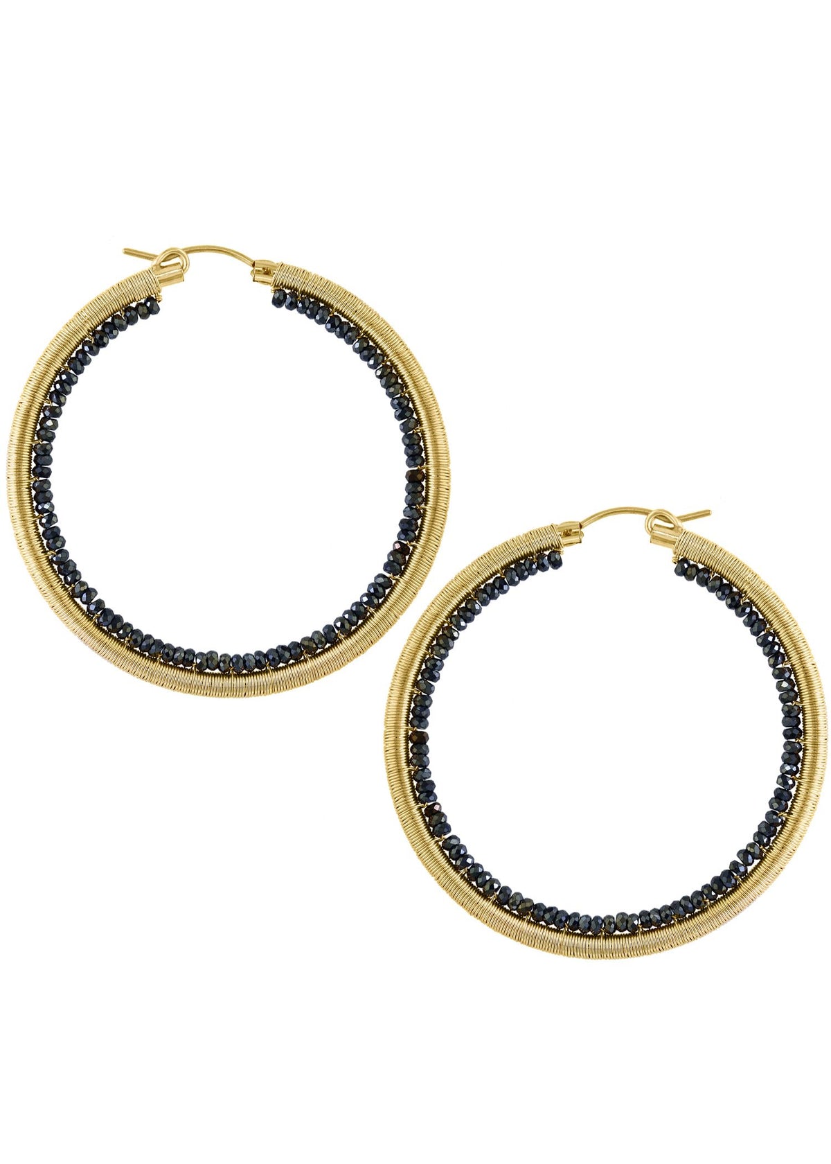 Black spinel hoop earrings in 14k gold fill, hand wire-wrapped with faceted black beads in a 1-15/16 inch diameter.