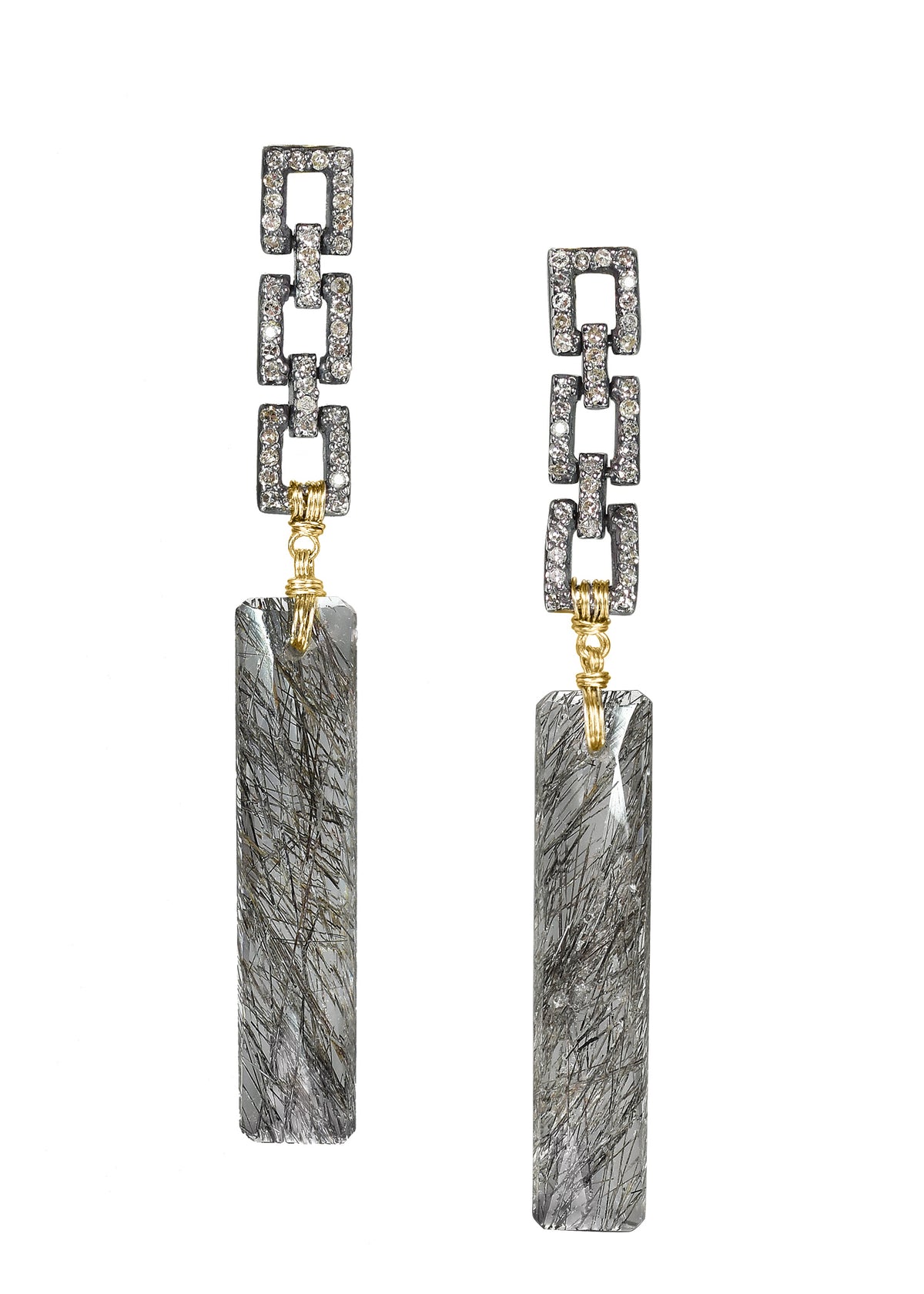 Tourmalated quartz drop earrings with diamond pave links, 14k gold, and sterling silver, featuring hand wire-wrapped stones.