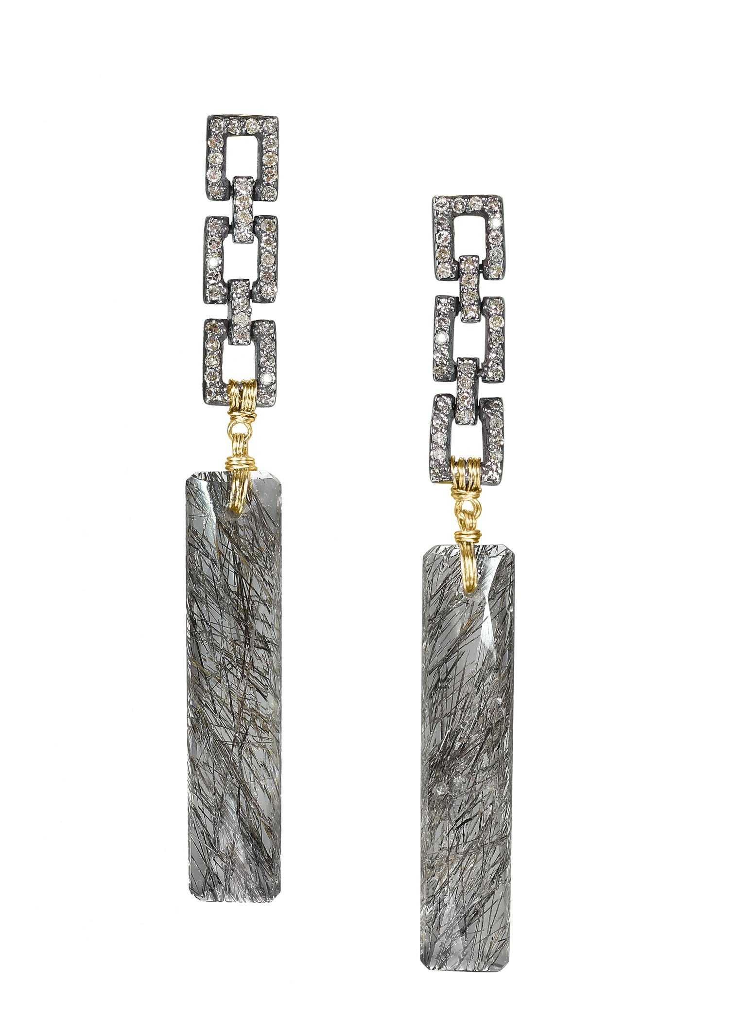 Tourmalated quartz drop earrings with diamond pave links, 14k gold, and sterling silver, featuring hand wire-wrapped stones.