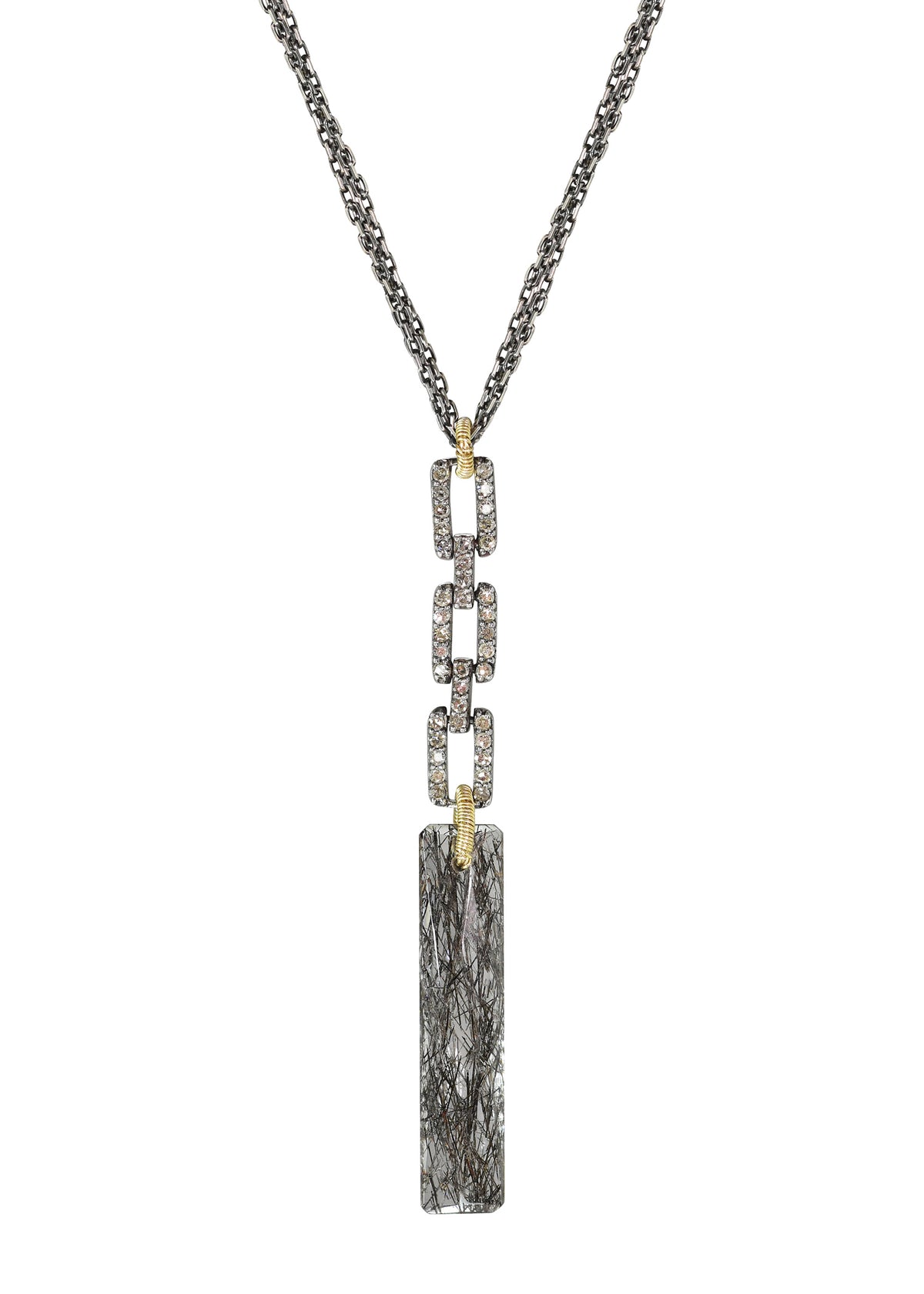 Diamond pave link necklace with tourmalated quartz drop in 14k gold and sterling silver on a 17-inch triple chain.