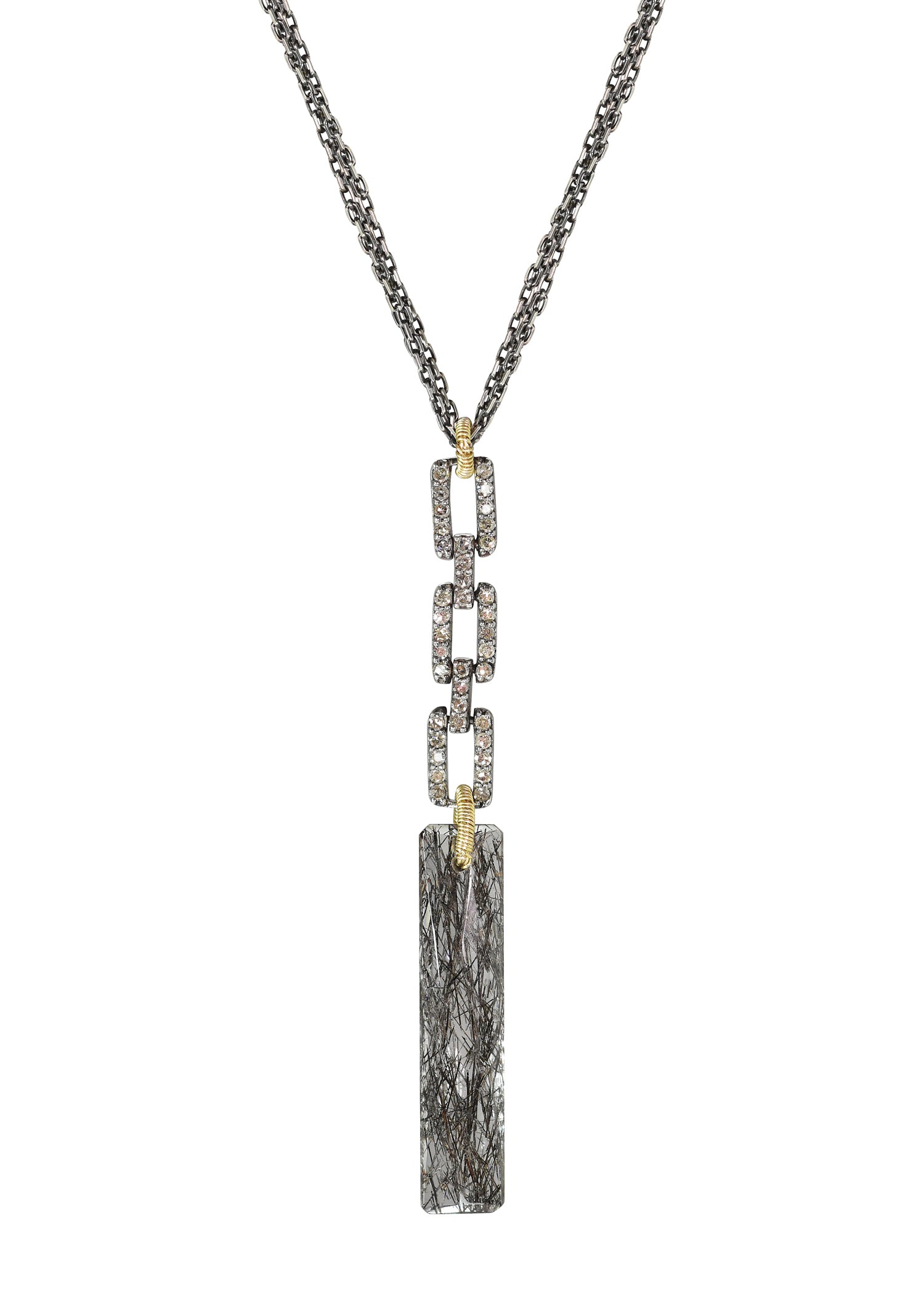 Diamond pave link necklace with tourmalated quartz drop in 14k gold and sterling silver on a 17-inch triple chain.
