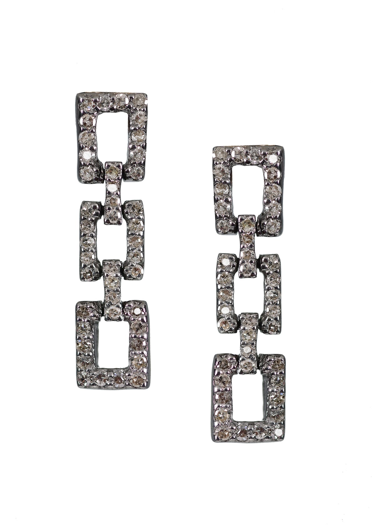Diamond post earrings in sterling silver featuring a linear, three-link rectangular design.