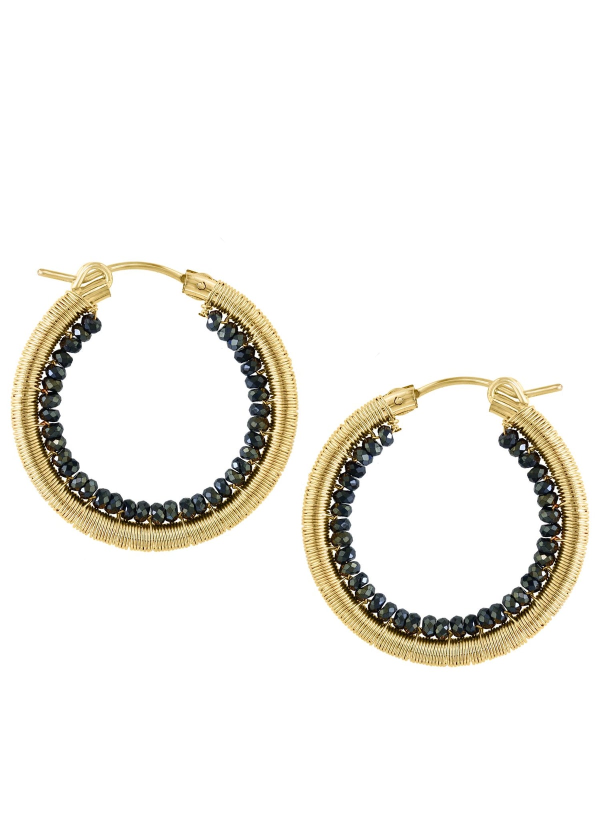 Black spinel hoop earrings in 14k gold fill, hand wire-wrapped with faceted black beads in a circular shape.
