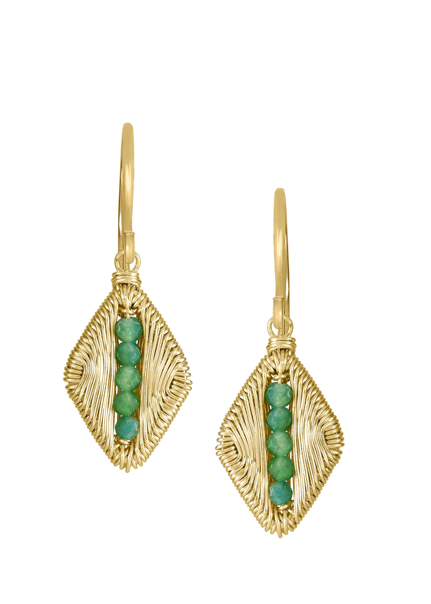 Emerald earrings in 14k gold fill, featuring hand wire-wrapped leaf drops with faceted green beads.
