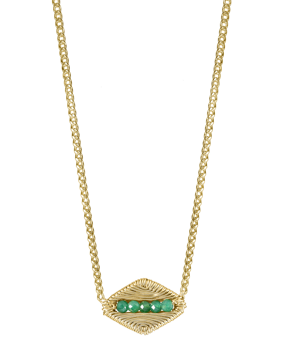 Emerald necklace with faceted green beads in a hand wire-wrapped 14k gold fill leaf pendant on a 16-inch chain.