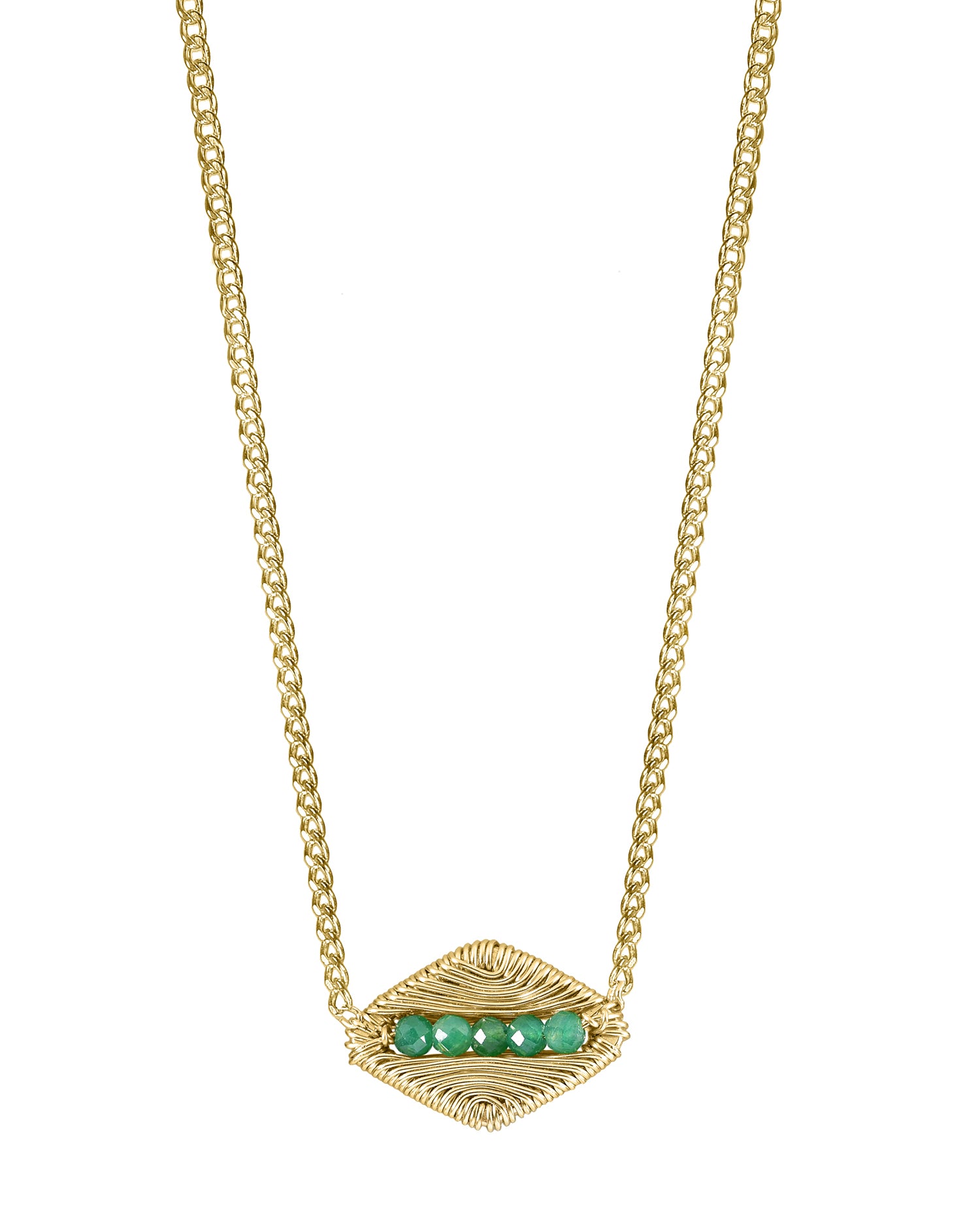 Emerald necklace with faceted green beads in a hand wire-wrapped 14k gold fill leaf pendant on a 16-inch chain.