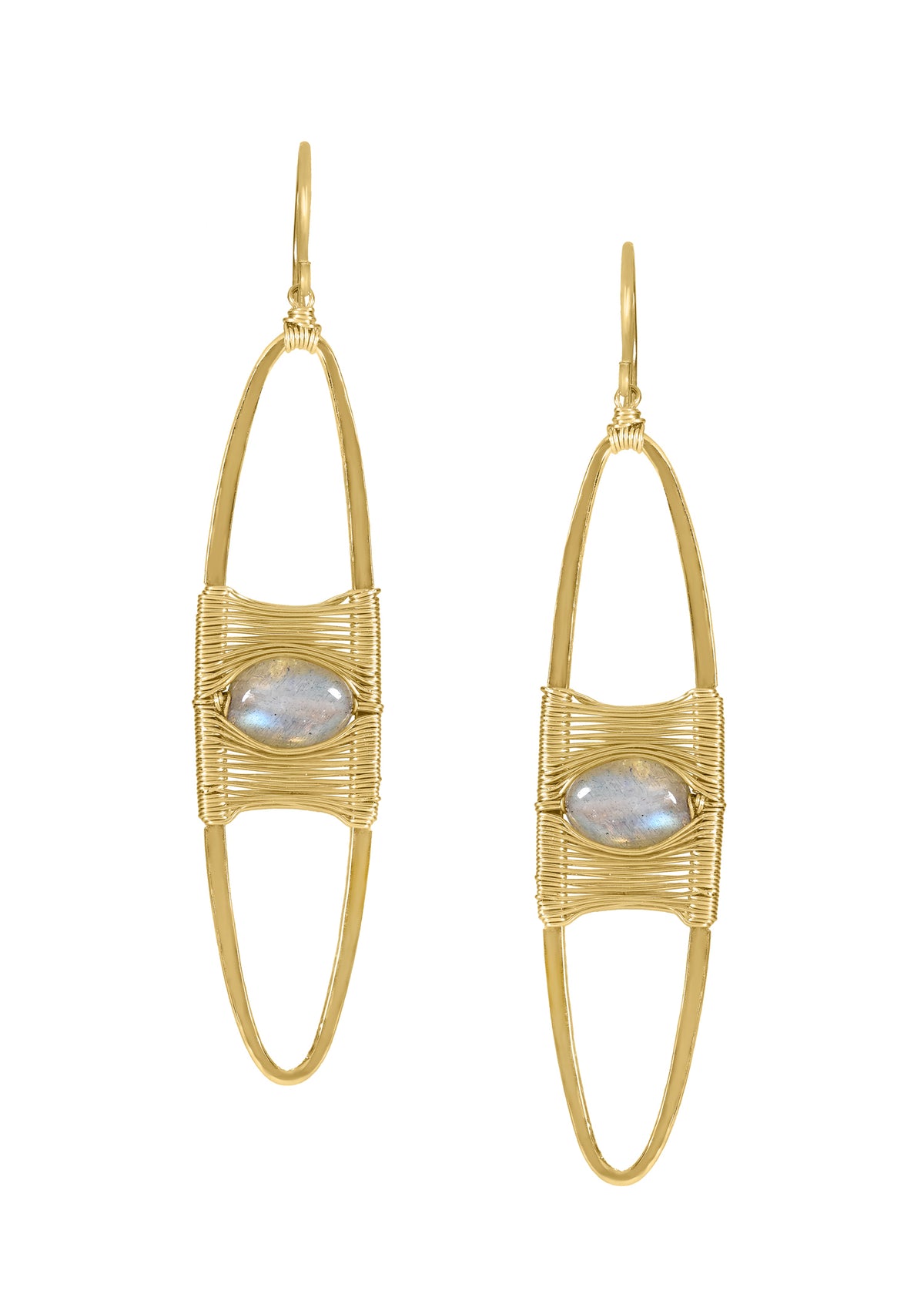 Long labradorite earrings in 14k gold fill with hand wire-wrapped marquis frames measuring 2-1/2 inches in length.