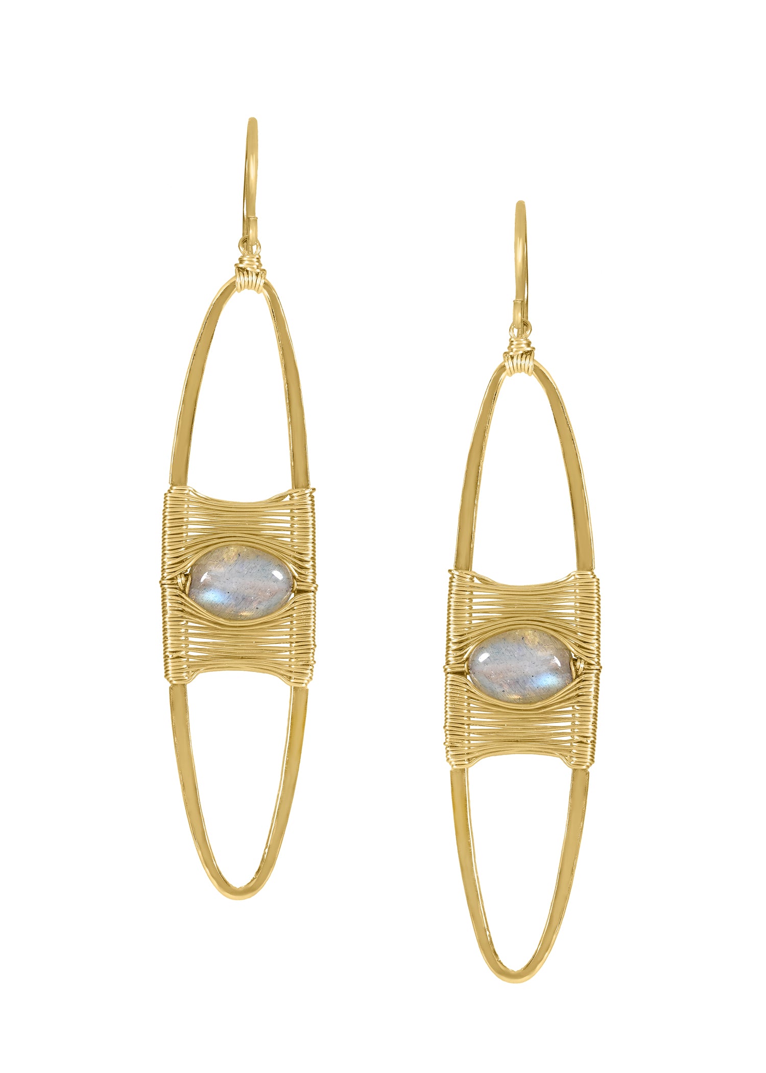 Long labradorite earrings in 14k gold fill with hand wire-wrapped marquis frames measuring 2-1/2 inches in length.