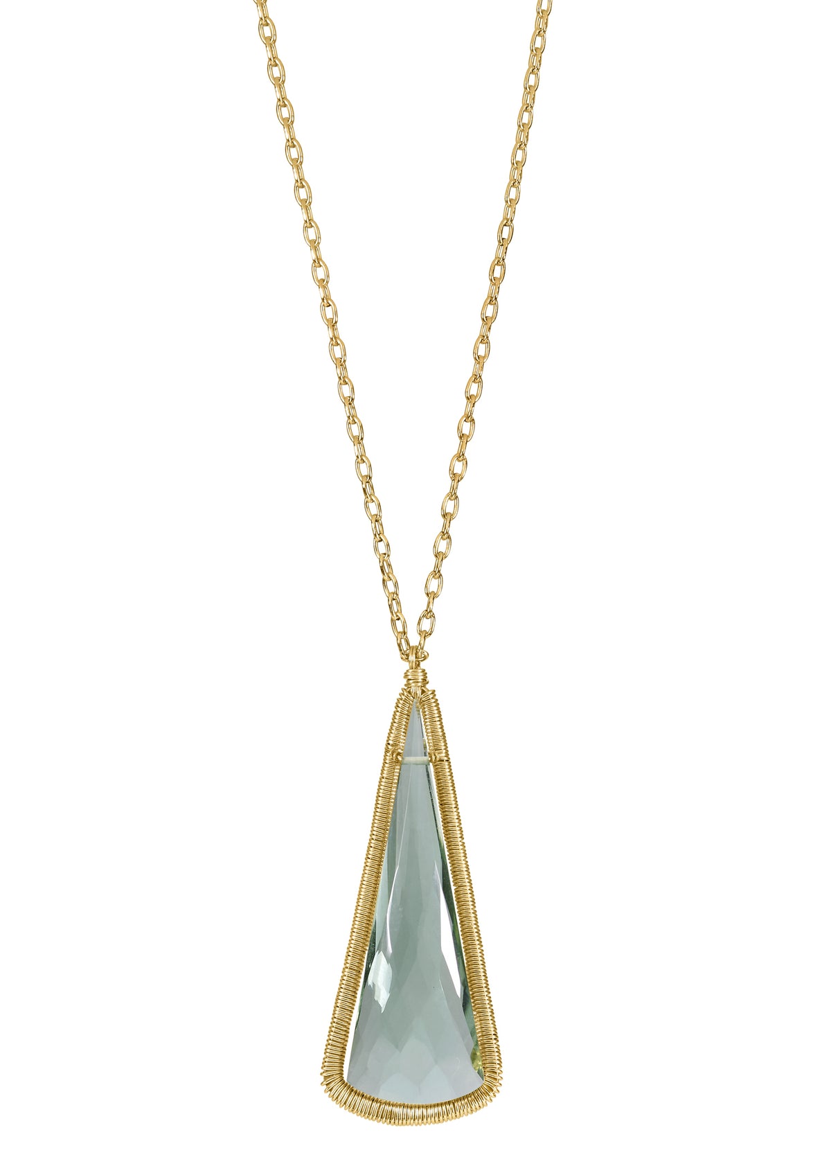 Green quartz pendulum necklace in 14k gold fill with hand wire-wrapped edges on a 30-inch long chain.