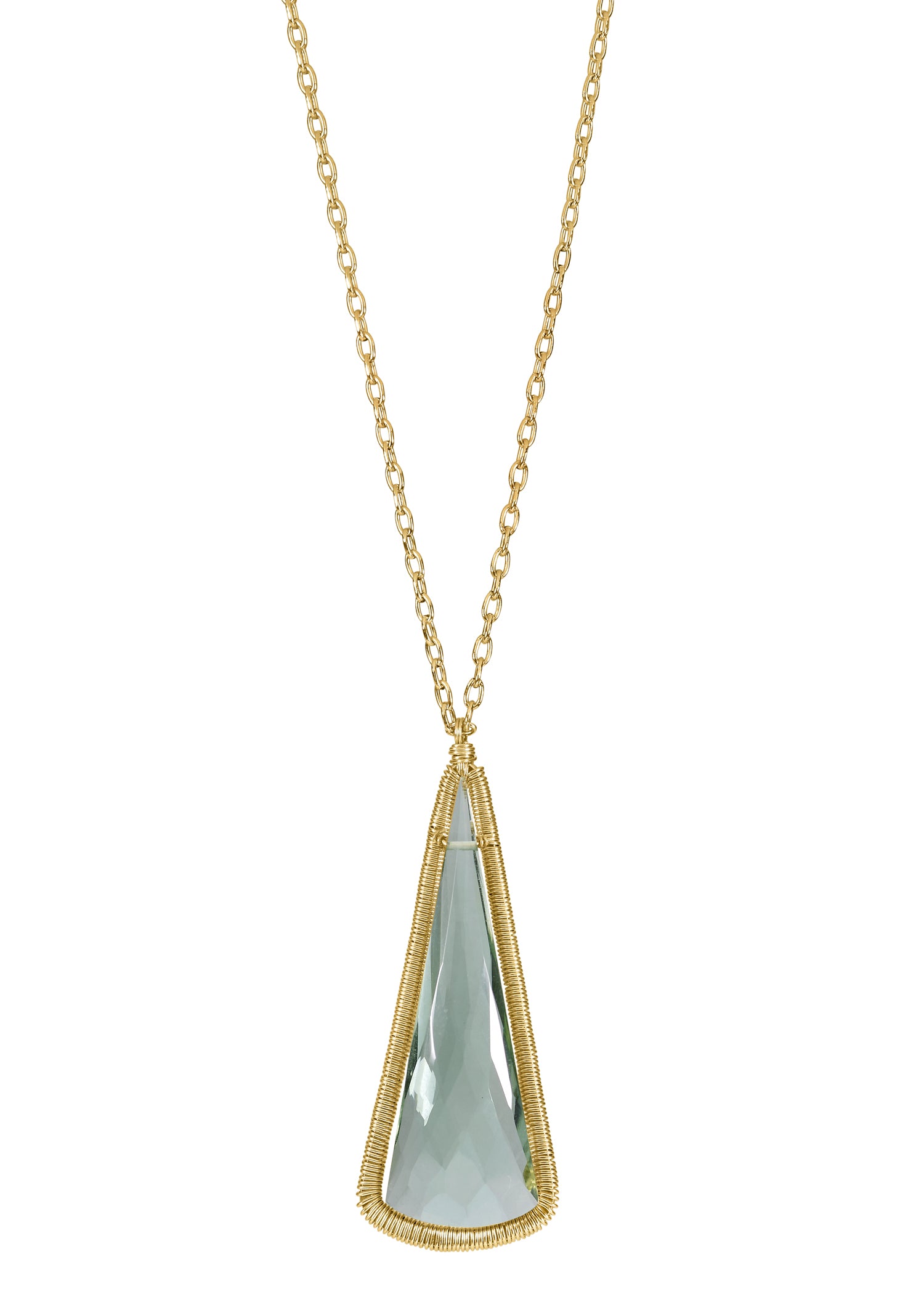 Green quartz pendulum necklace in 14k gold fill with hand wire-wrapped edges on a 30-inch long chain.