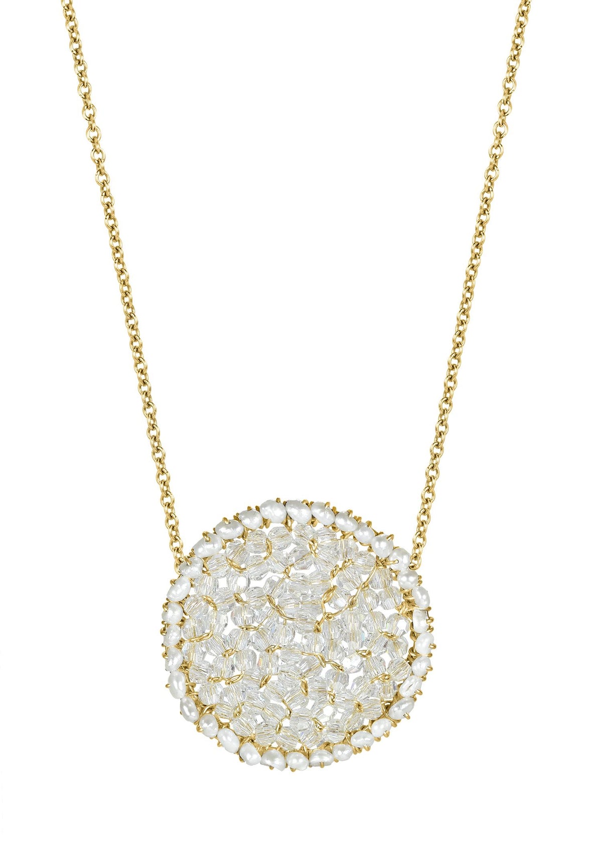 Crystal and freshwater pearl necklace in 14k gold fill with a round mosaic pendant on a 16-inch chain.