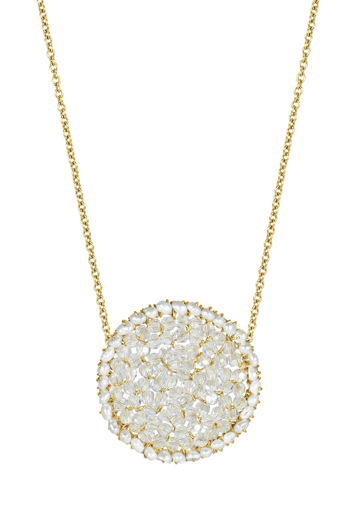 Crystal and freshwater pearl necklace in 14k gold fill with a round mosaic pendant on a 16-inch chain.