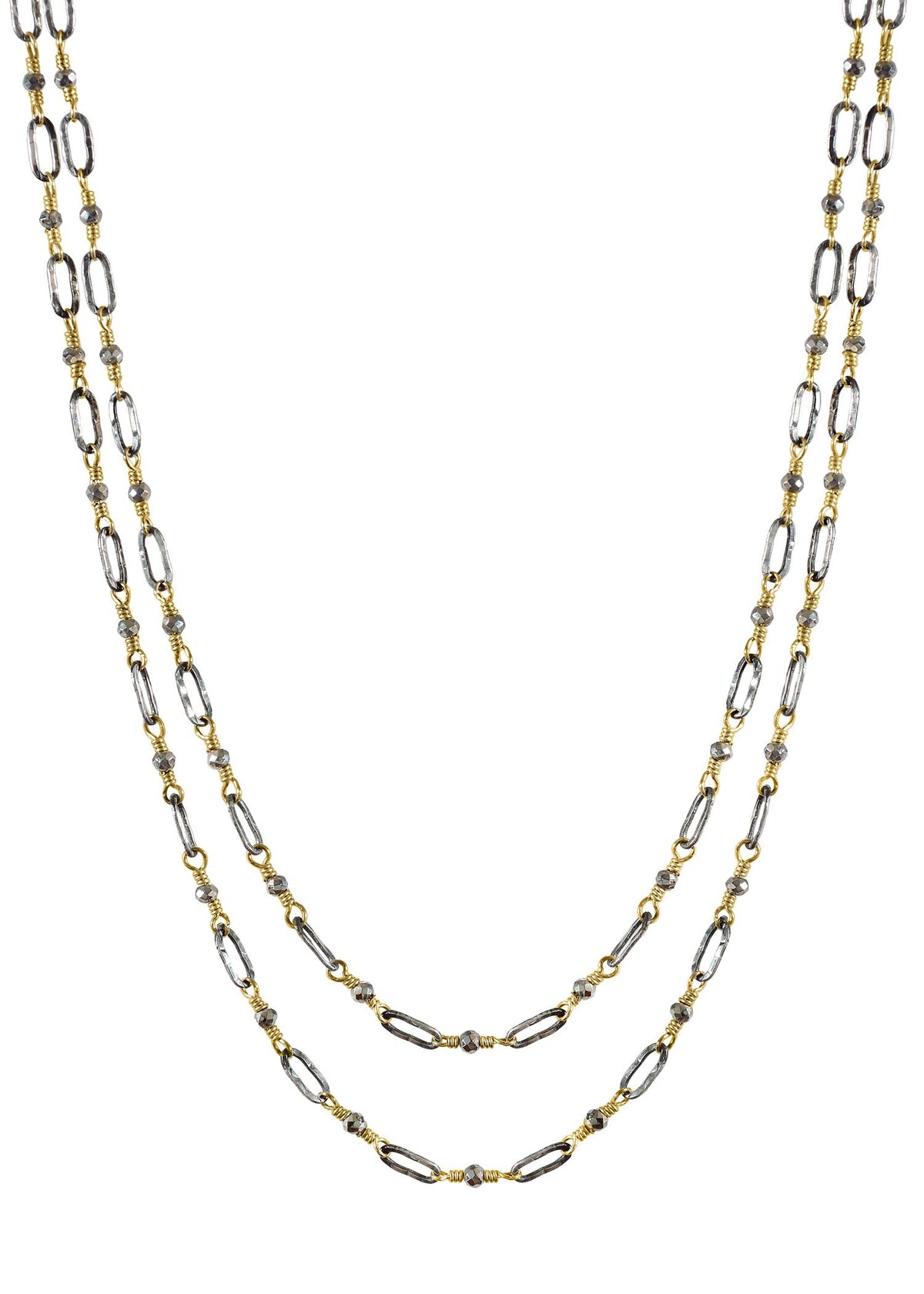 Silver pyrite 14k gold fill Sterling silver Mixed metal Double chain necklace measures 15-1/2” and 16-1/4” in length Handmade in our Los Angeles studio