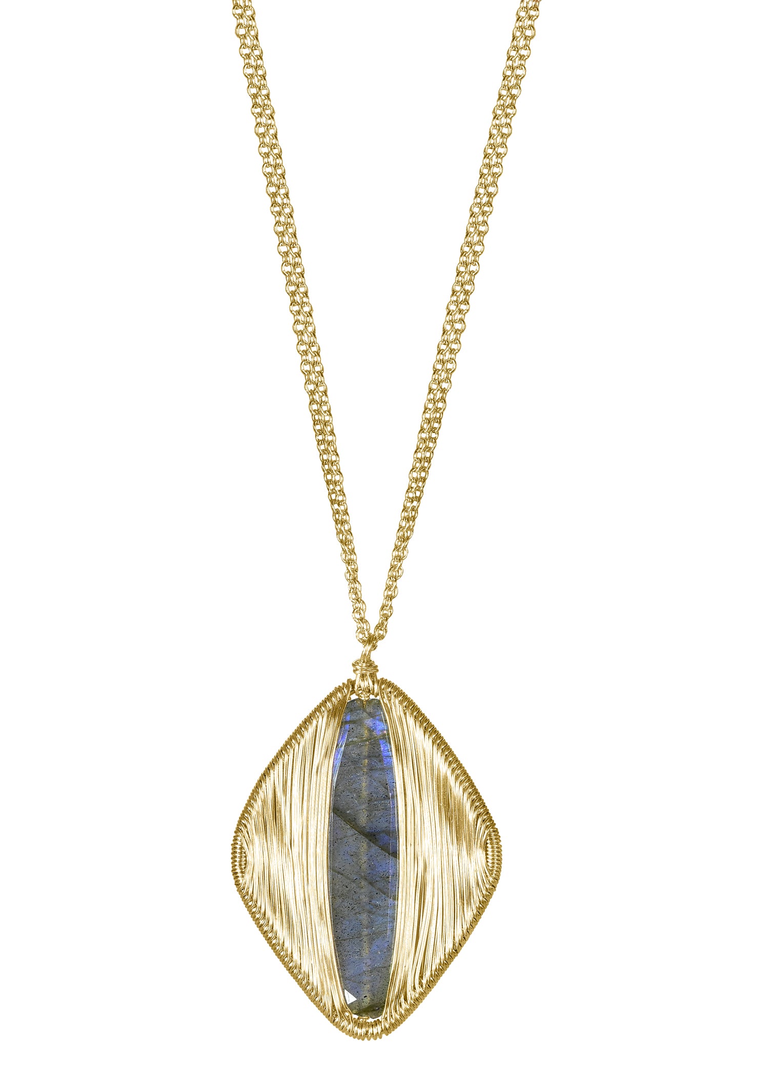 Labradorite necklace with 14k gold fill double chain and hand wire-wrapped elongated oval pendant.