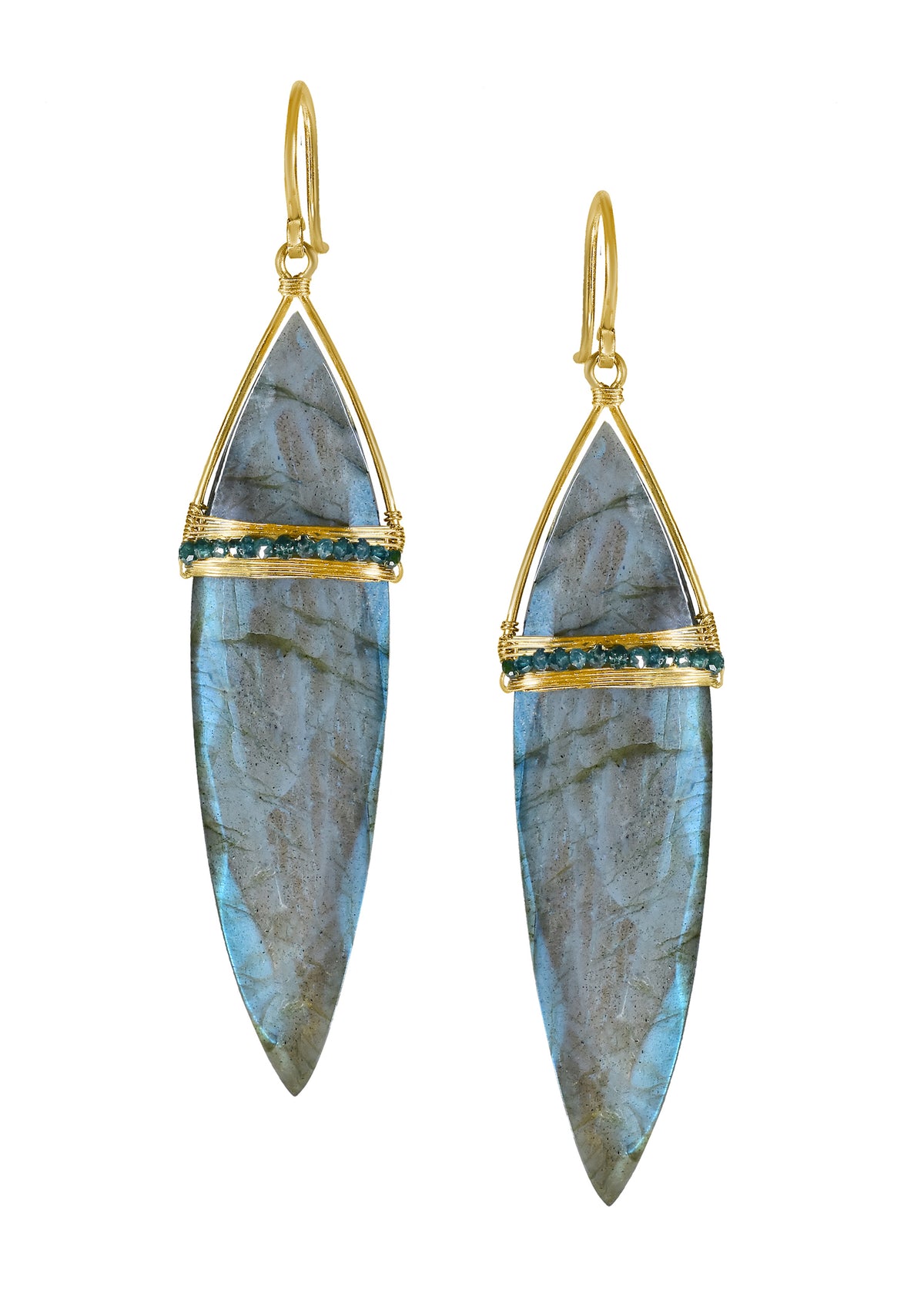 Labradorite earrings in 14k gold with hand wire-wrapped blue diamonds in a long spear shape.