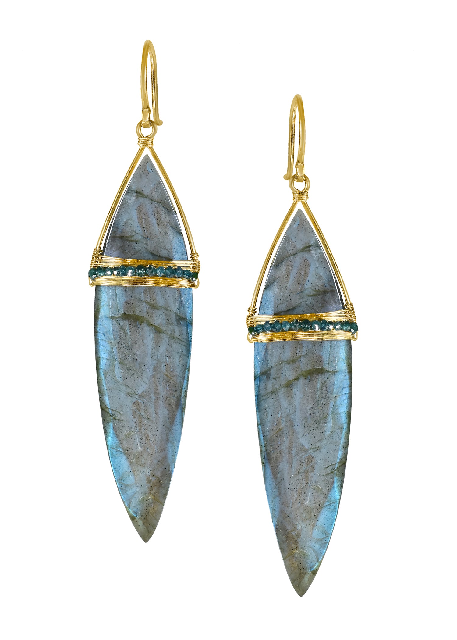 Labradorite earrings in 14k gold with hand wire-wrapped blue diamonds in a long spear shape.