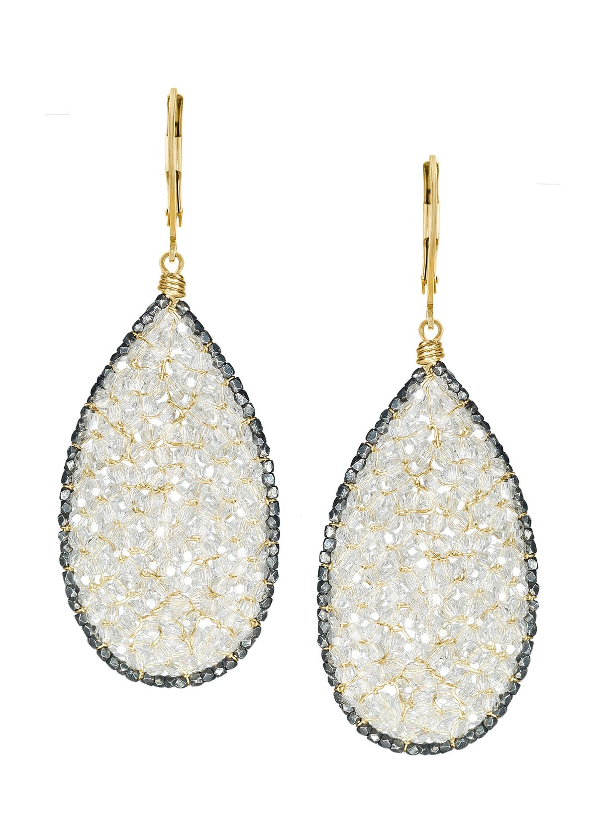 Crystal earrings with 14k gold fill and blackened sterling silver, hand wire-wrapped in a teardrop mosaic shape.