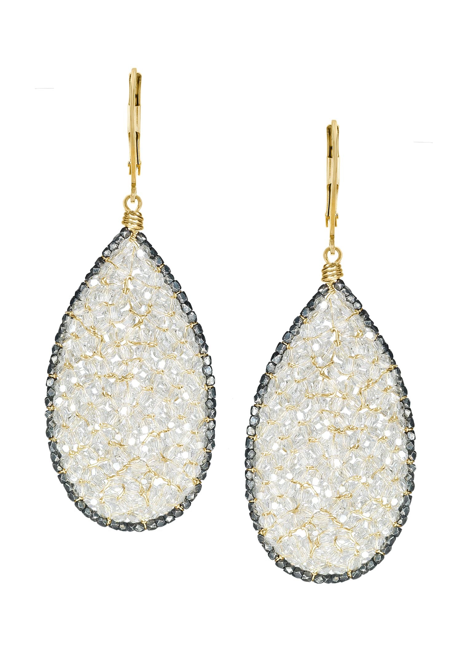 Crystal earrings with 14k gold fill and blackened sterling silver, hand wire-wrapped in a teardrop mosaic shape.