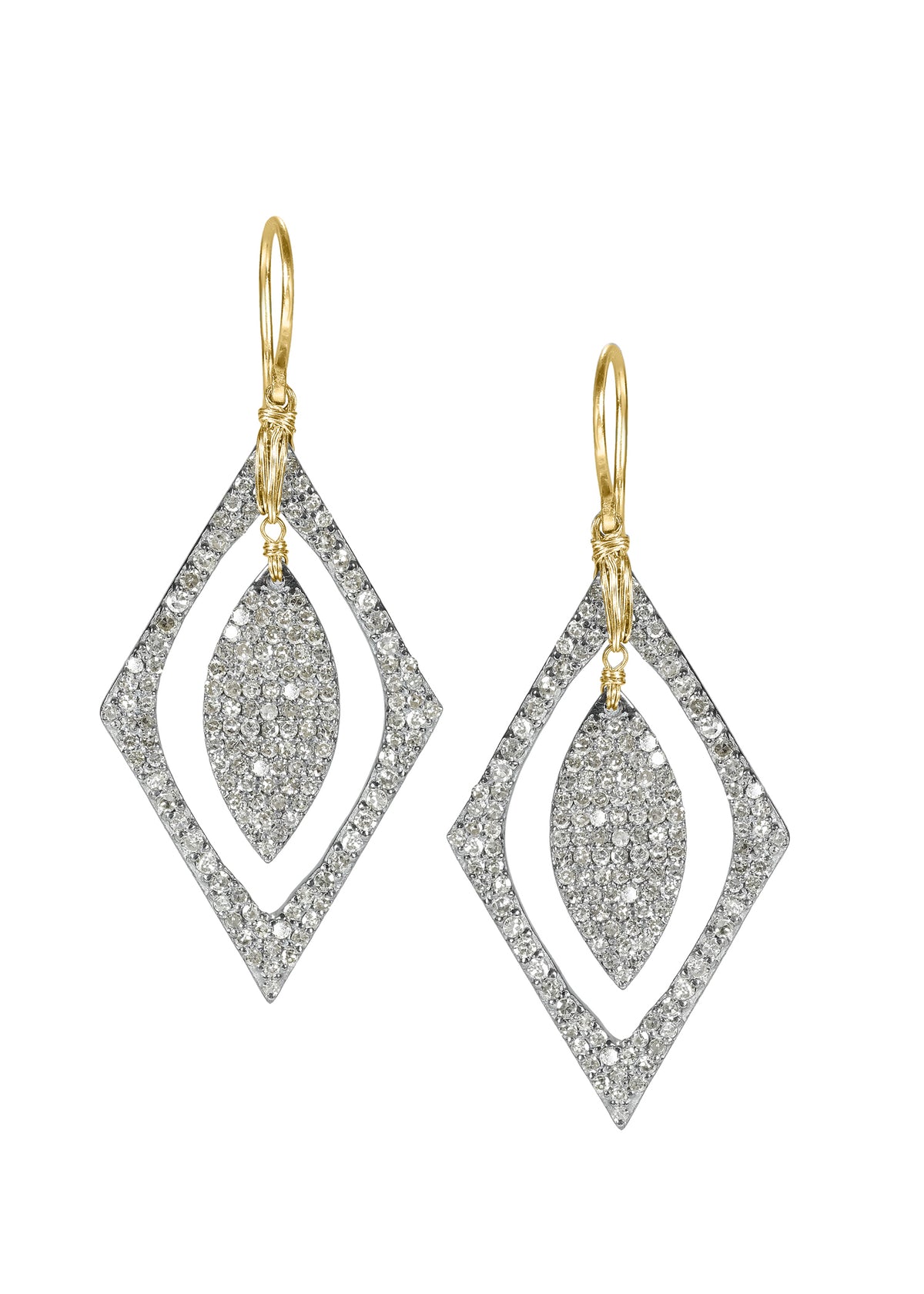 Diamond pave nesting earrings in 14k gold and sterling silver with hand wire-wrapped marquise shapes.