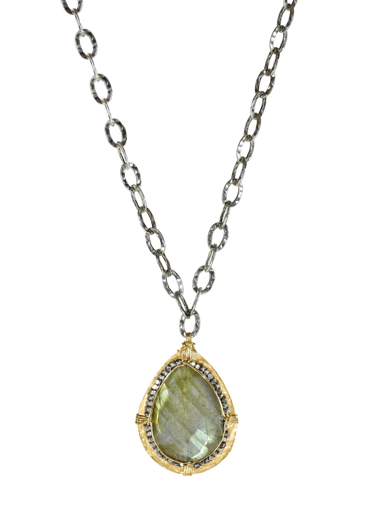 Labradorite necklace with hand wire-wrapped 14k gold fill and sterling silver on a hammered chain.