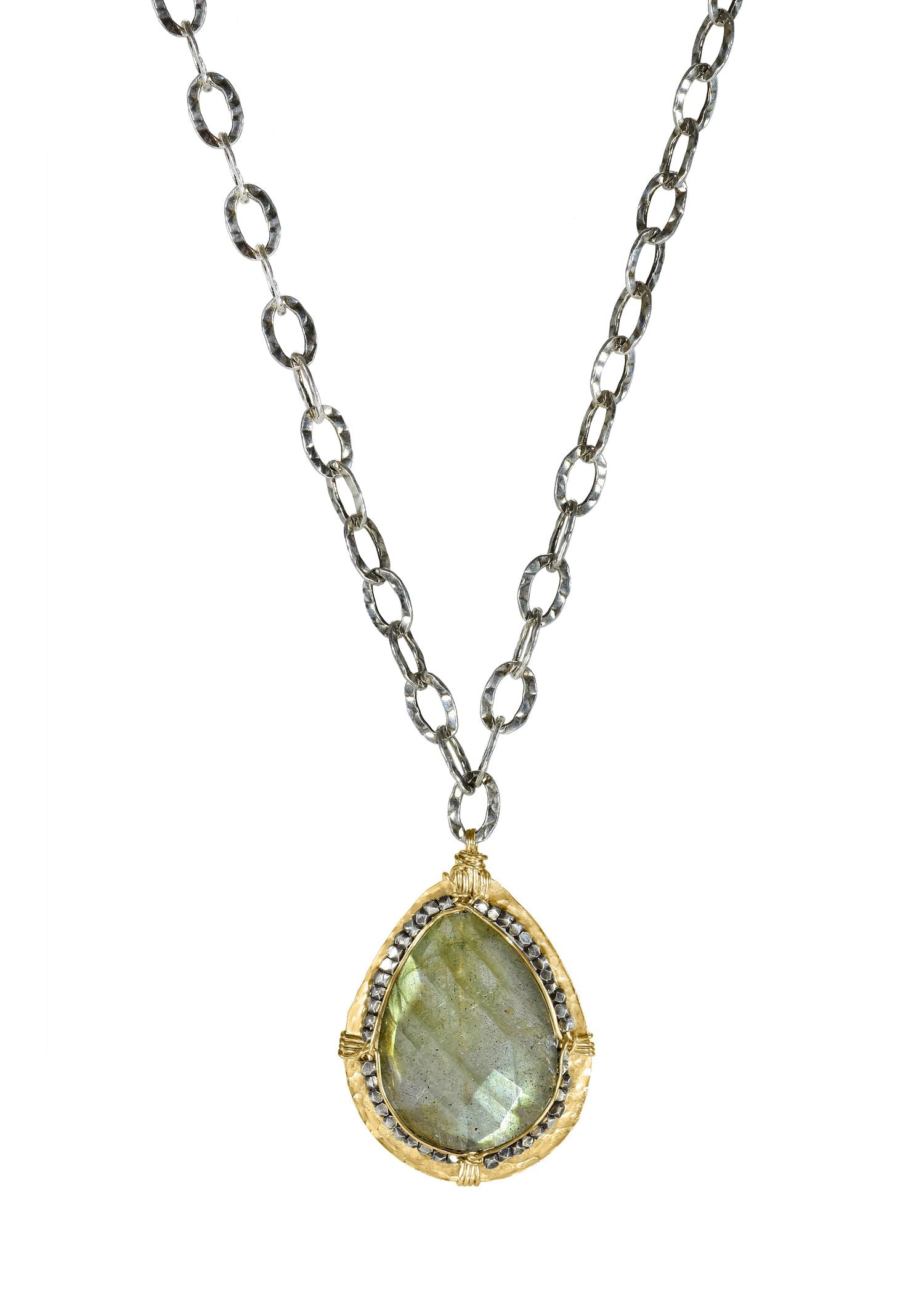 Labradorite necklace with hand wire-wrapped 14k gold fill and sterling silver on a hammered chain.