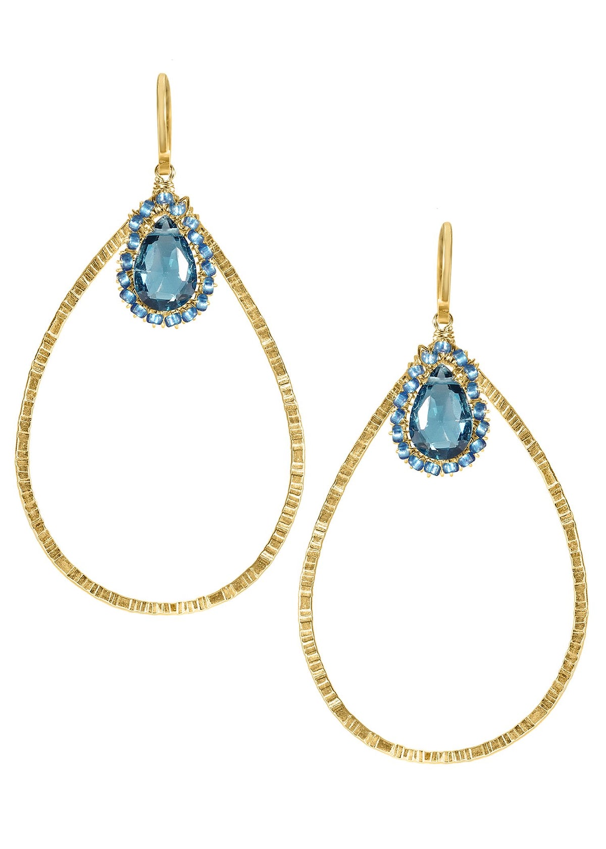 London blue quartz 14k gold fill Earrings measure 2&quot; in length (including the ear wires) and 1-1/8&quot; in width Handmade in our Los Angeles studio